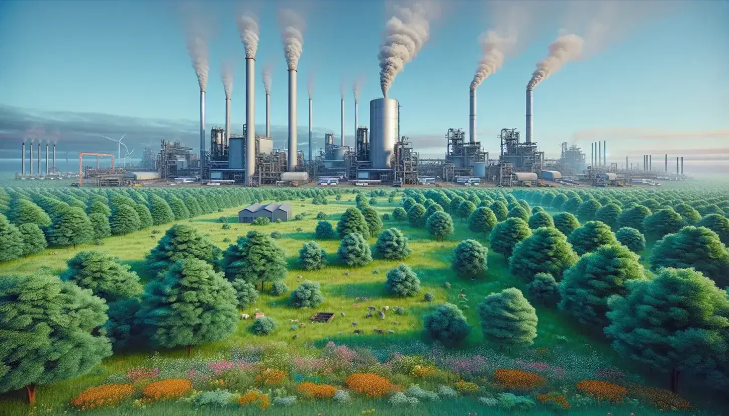 Paisaje industrial con chimeneas de fábricas emitiendo humo sobre un campo verde con flores silvestres y árboles frondosos bajo un cielo degradado azul a gris.