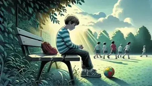 Ragazzo seduto su panchina in parco con zaino rosso accanto, osserva bambini giocare a pallone su prato verde sotto alberi e cielo azzurro.