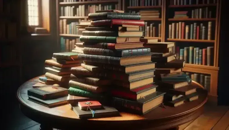 Stack of classic and modern books on a round wooden coffee table, with shades of red, blue and green, in a cozy room with blurred bookcase in the background.