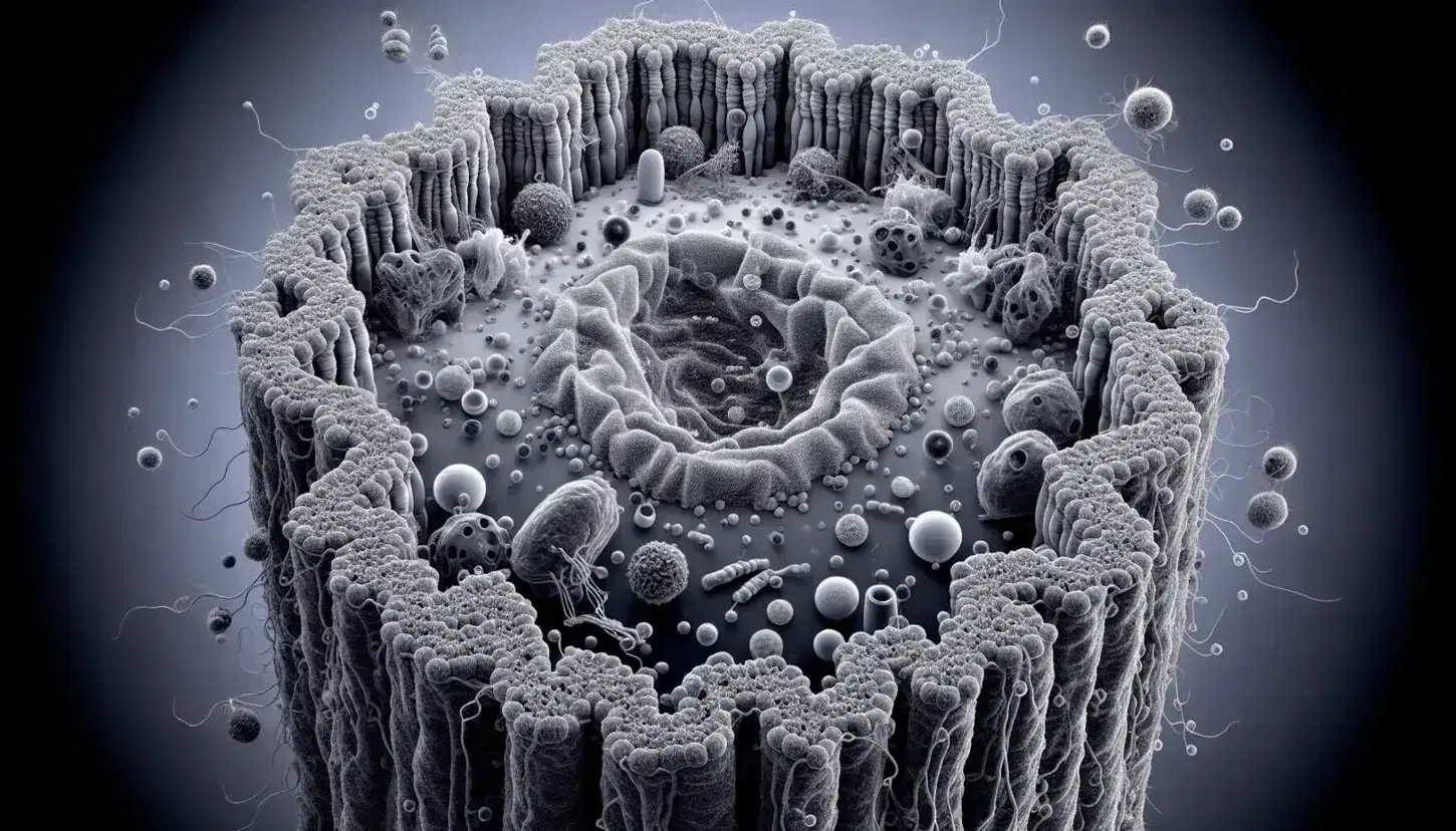 Vista microscópica de membrana celular con bicapa lipídica, proteínas incrustadas y moléculas extracelulares, indicando endocitosis.