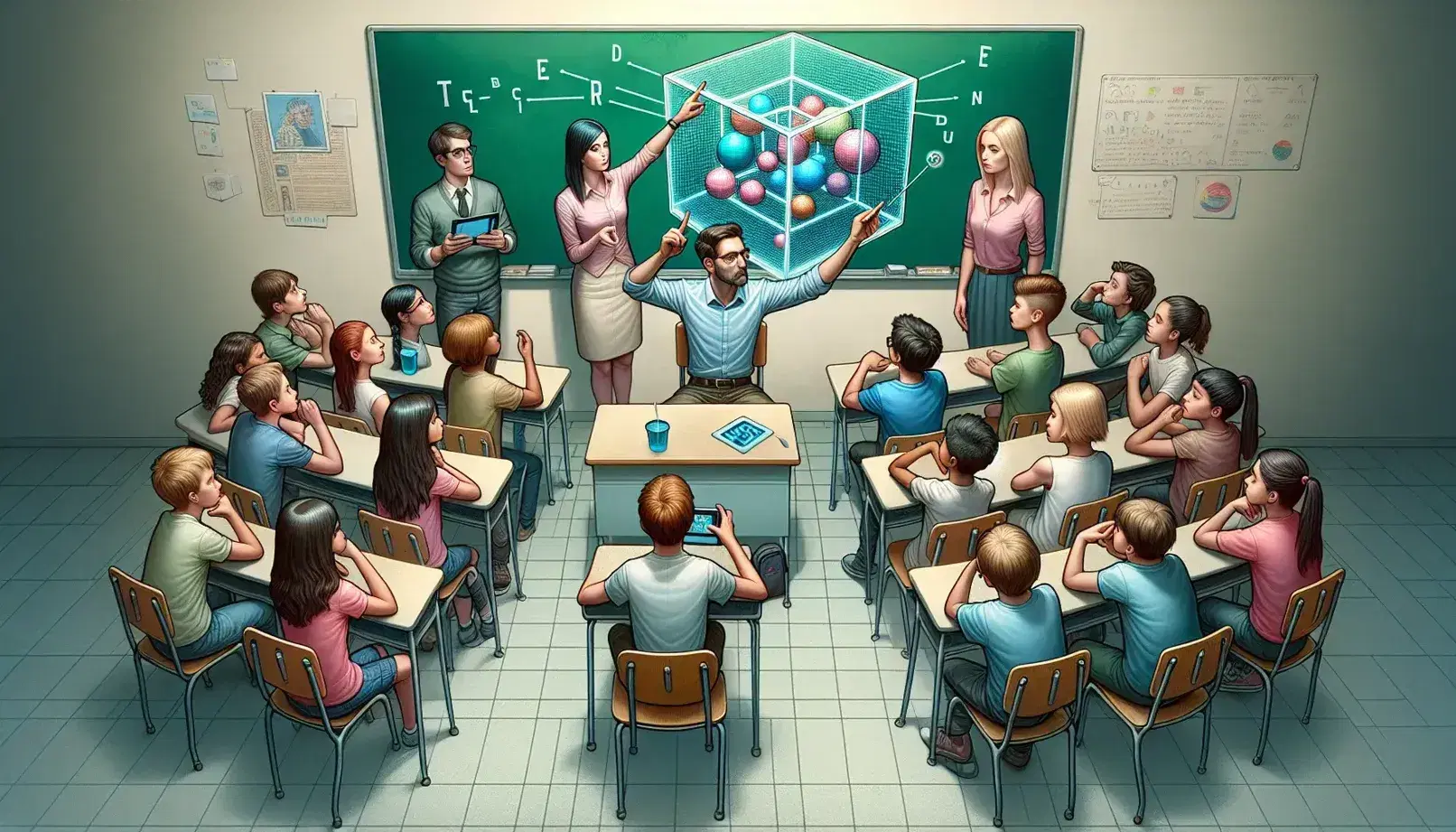 Grupo de estudiantes diversos atentos a un profesor que señala un cubo transparente con esferas de colores, en un aula con pizarra verde y luz suave.