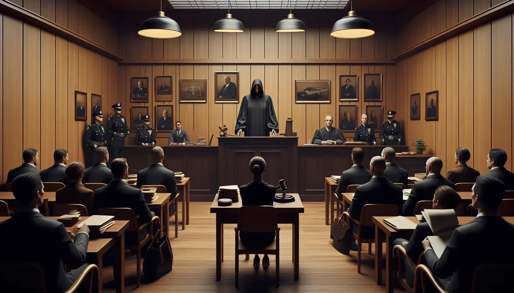 Scena di tribunale con giudice in toga seduto dietro scrivania, persone in abiti formali sedute e ufficiale di corte in piedi.