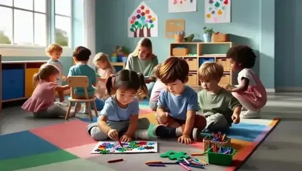 Niños pequeños de diversas etnias jugando y aprendiendo en un aula colorida, con un niño armando un rompecabezas y una niña dibujando, mientras un adulto lee un libro a otros niños.