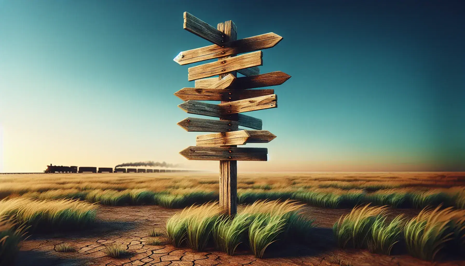 Weathered wooden signpost with blank arrows in a prairie under a clear blue sky, with distant train and smoke, on a sunny day with no clouds.