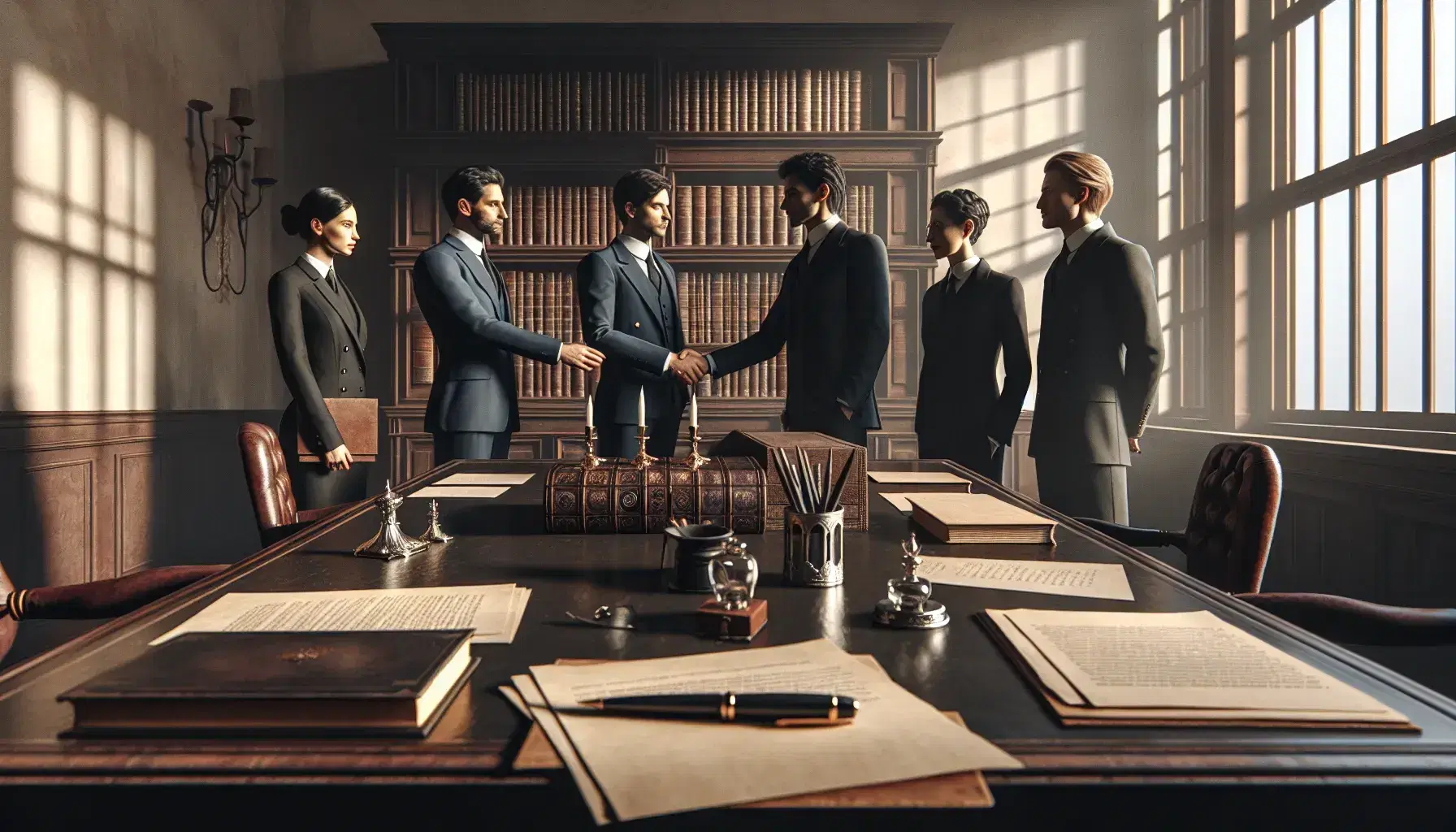 Grupo de cinco profesionales en oficina tradicional con mesa de madera, documentos y pluma, tres de ellos estrechando manos, estantería con libros y ventana grande.