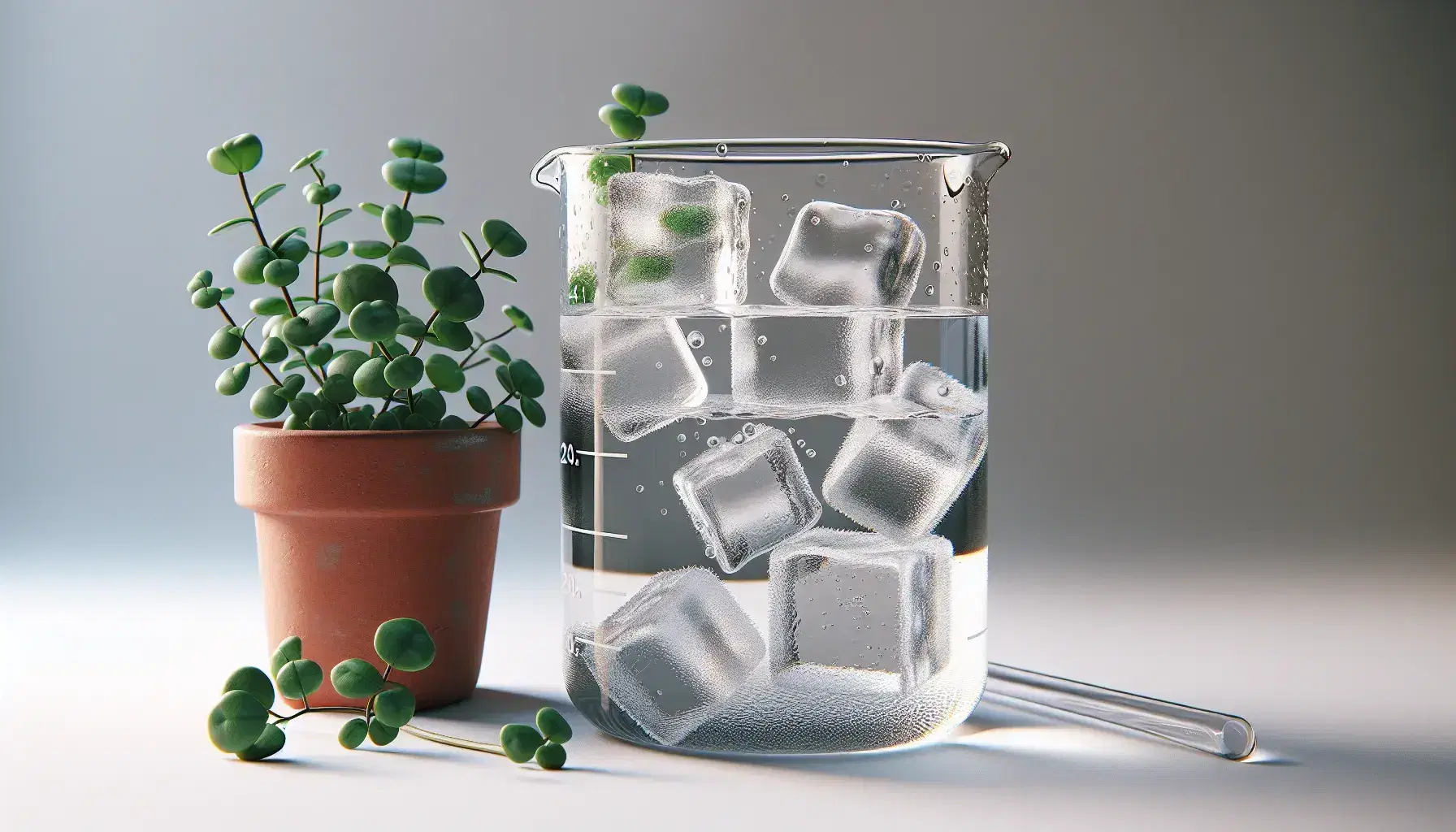 Glass beaker with transparent water and floating ice cubes, green plant in terracotta pot on background, glass rod for stirring.