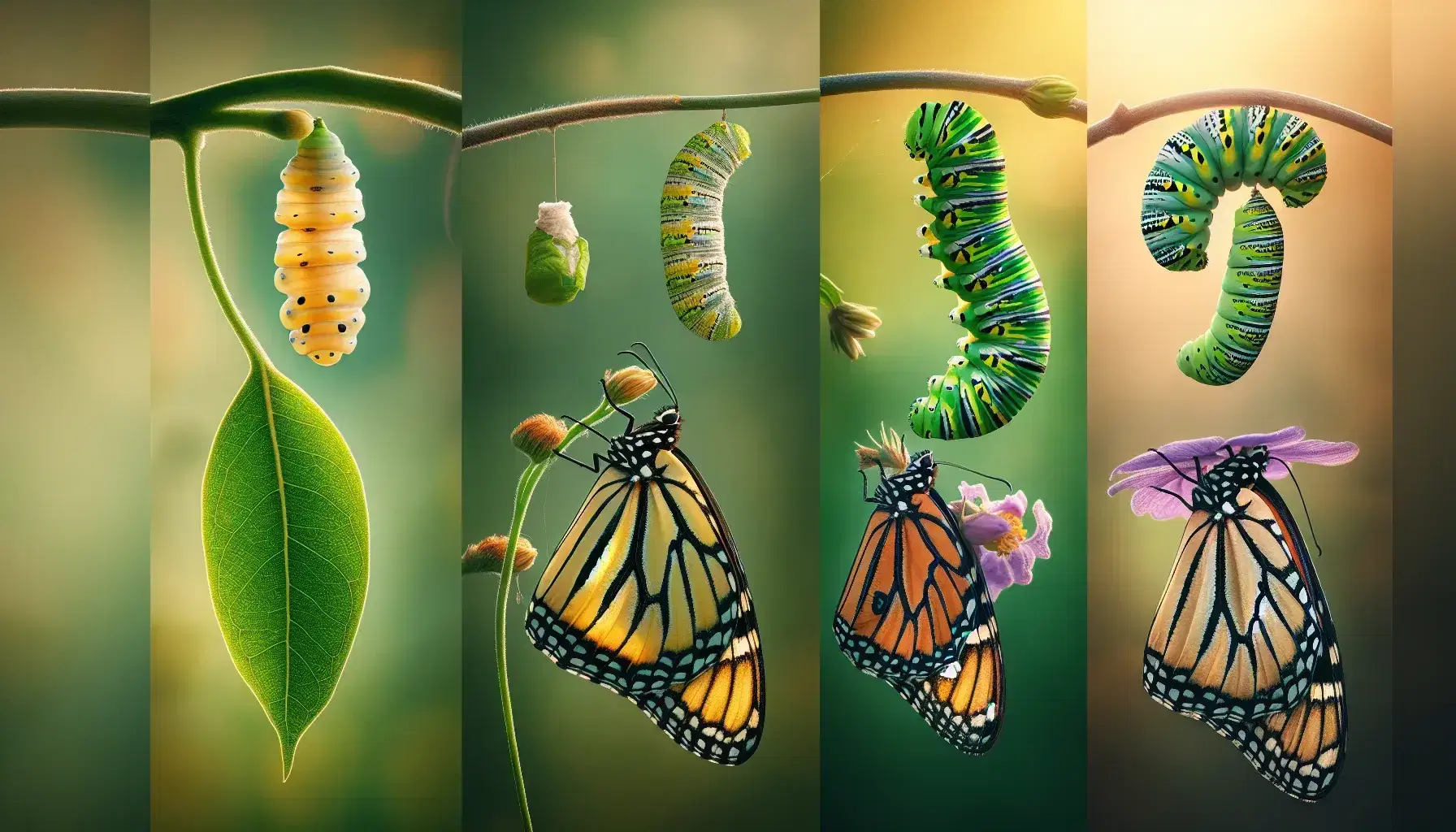 Butterfly life cycle stages: yellow eggs on leaf, striped caterpillar eating, jade green chrysalis with gold dots, adult monarch on purple flower.