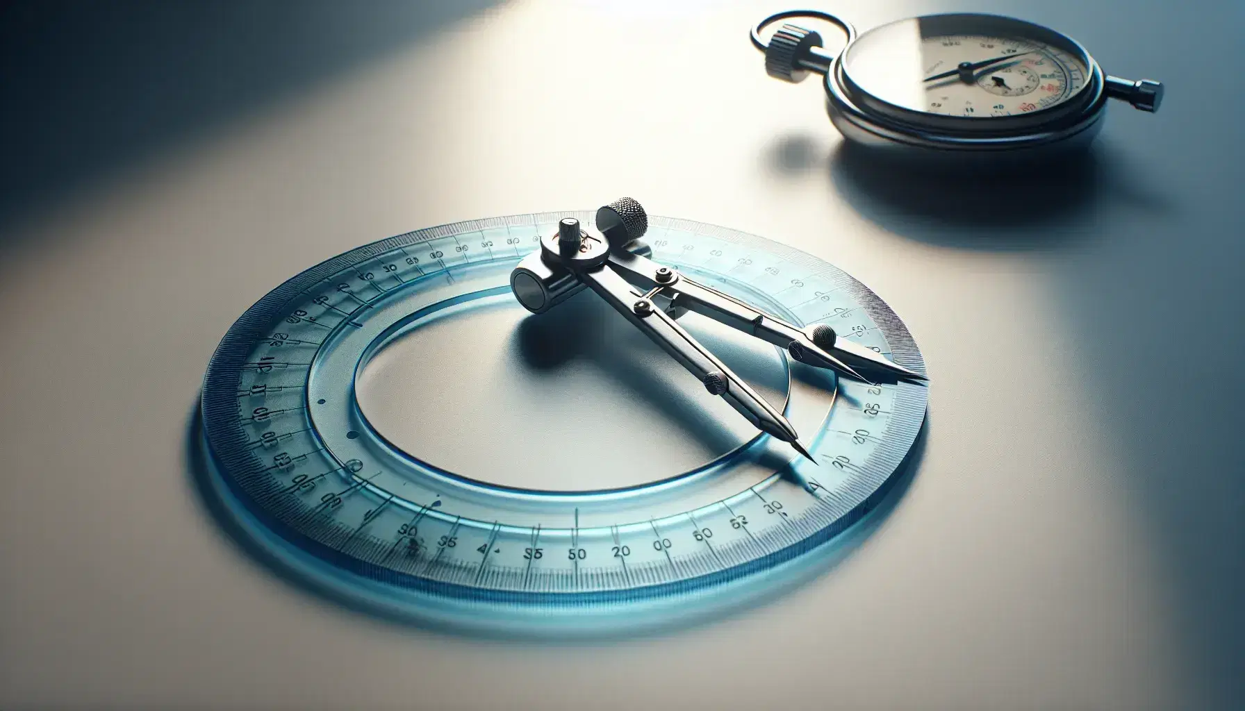 Close-up view of a transparent blue protractor and metallic compasses on a light surface, with a blurred stopwatch in the background.