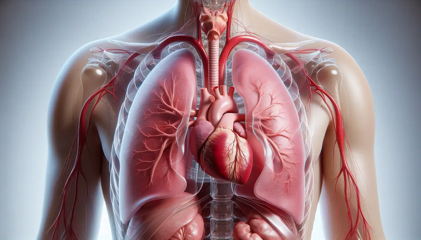 Vista frontale del sistema respiratorio umano con pelle trasparente, polmoni rosa, cuore rosso e trachea biforcata in bronchi.