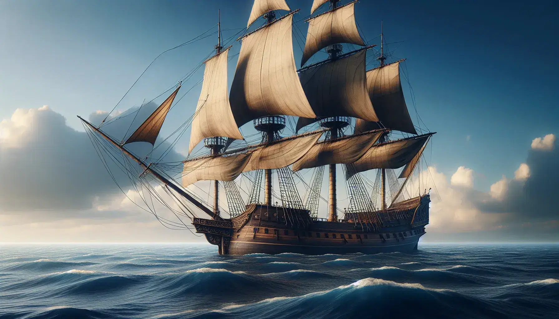 Three-masted wooden sailing ship with billowing sails on a calm blue ocean, golden sunlight illuminating the ornate hull and deck with crew aboard.
