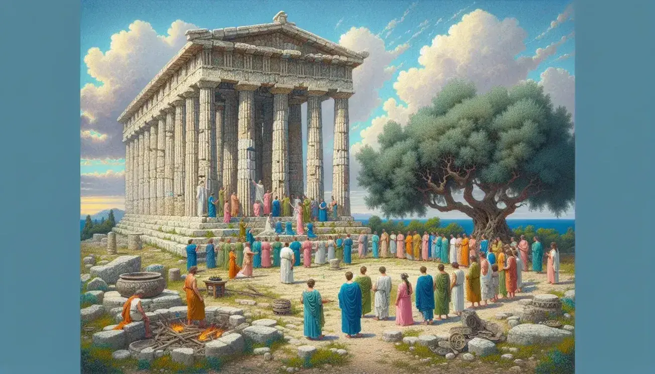 Tempio greco antico in rovina con colonne doriche, figure in tuniche e altare sacrificale sotto un ulivo, affacciato sul mare.