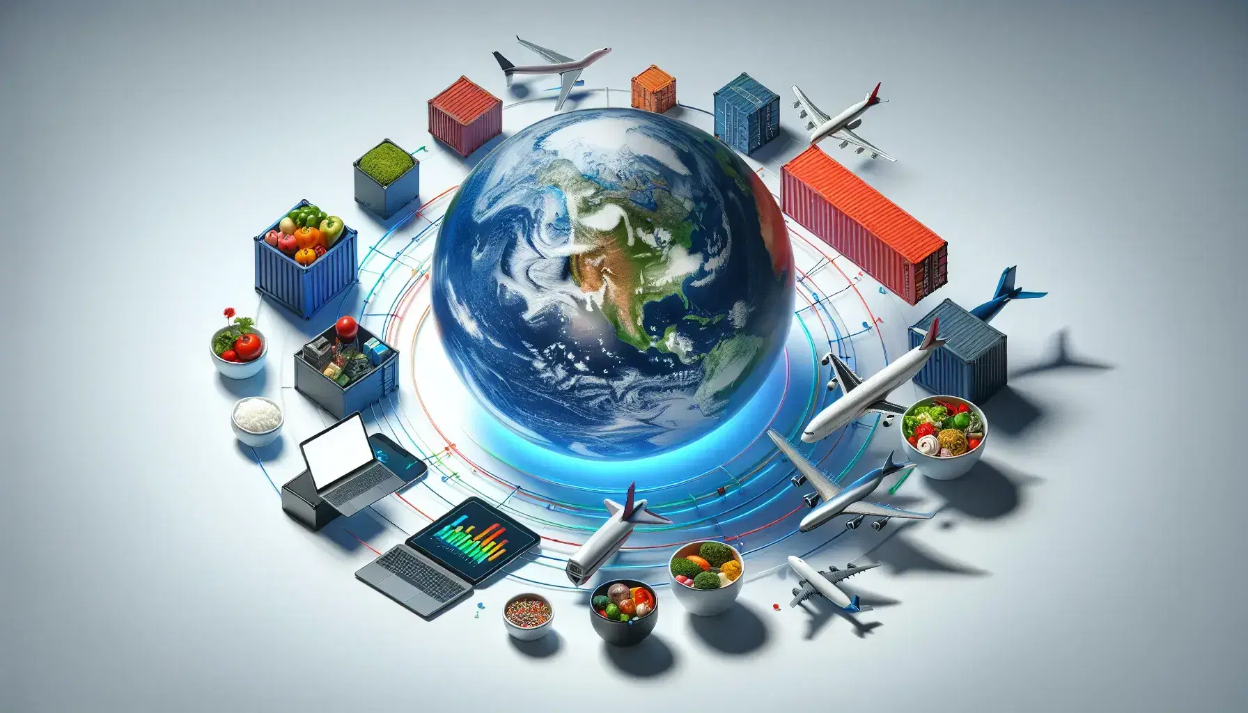Globo terráqueo realista rodeado de objetos simbolizando globalización: móvil táctil, contenedor de carga, avión en vuelo, plato de comida variada, portátil con gráficos, cables y planta con flor.