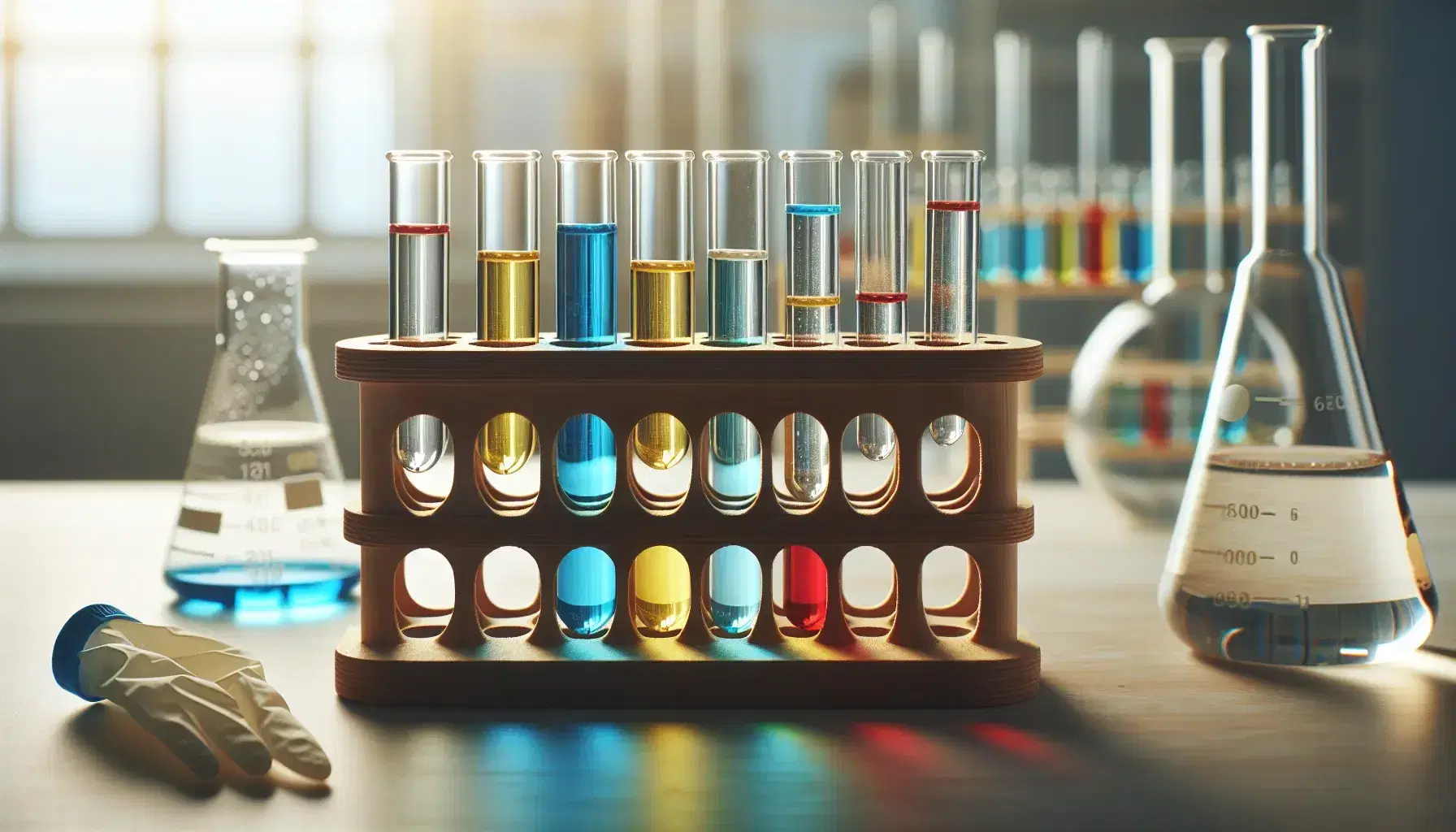 Tubos de ensayo de vidrio con líquidos de colores azul, amarillo, rojo y verde en soporte de madera, gafas de seguridad y guante de látex en laboratorio.