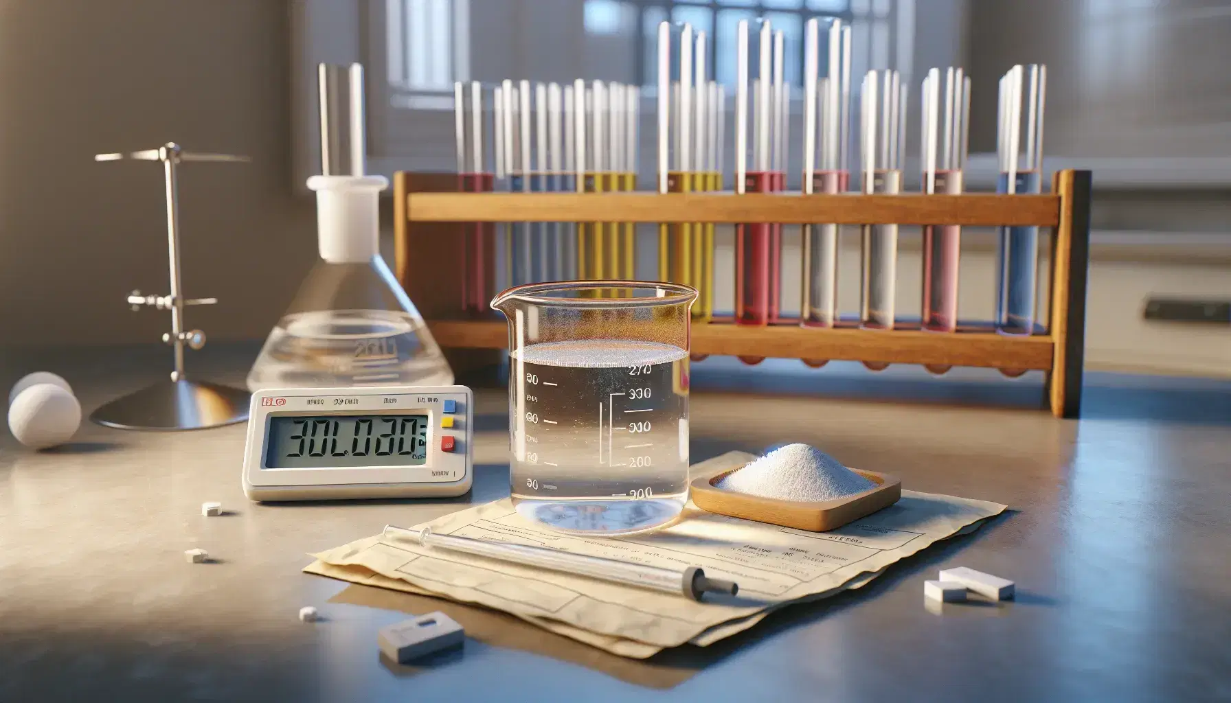 Laboratory with glass beaker and transparent liquid, digital pH meter inserted, white crystalline powder on weighing paper and blurry colored test tubes.