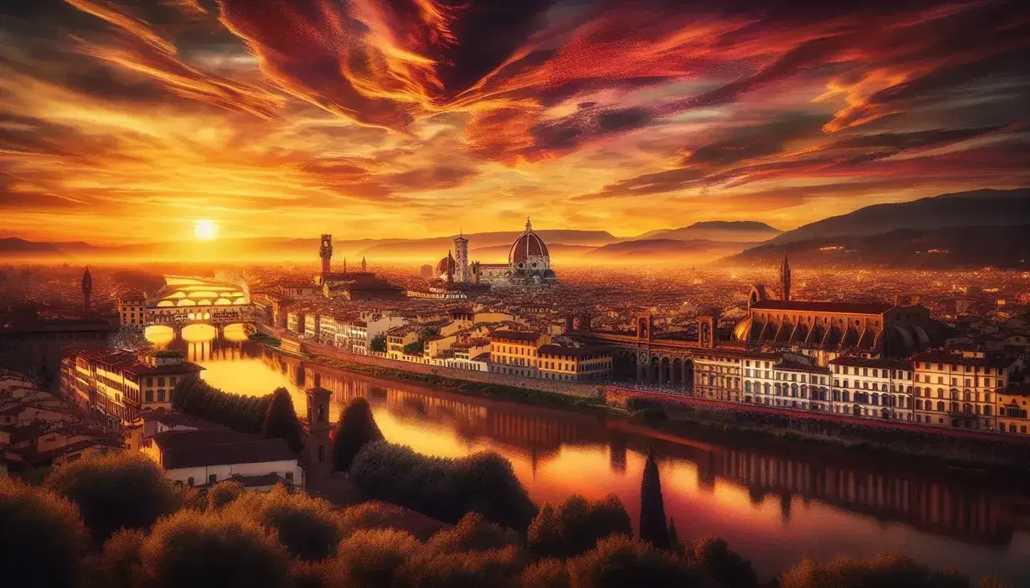 Vista panoramica di Firenze al tramonto con il fiume Arno, il Duomo illuminato e colline toscane sullo sfondo.