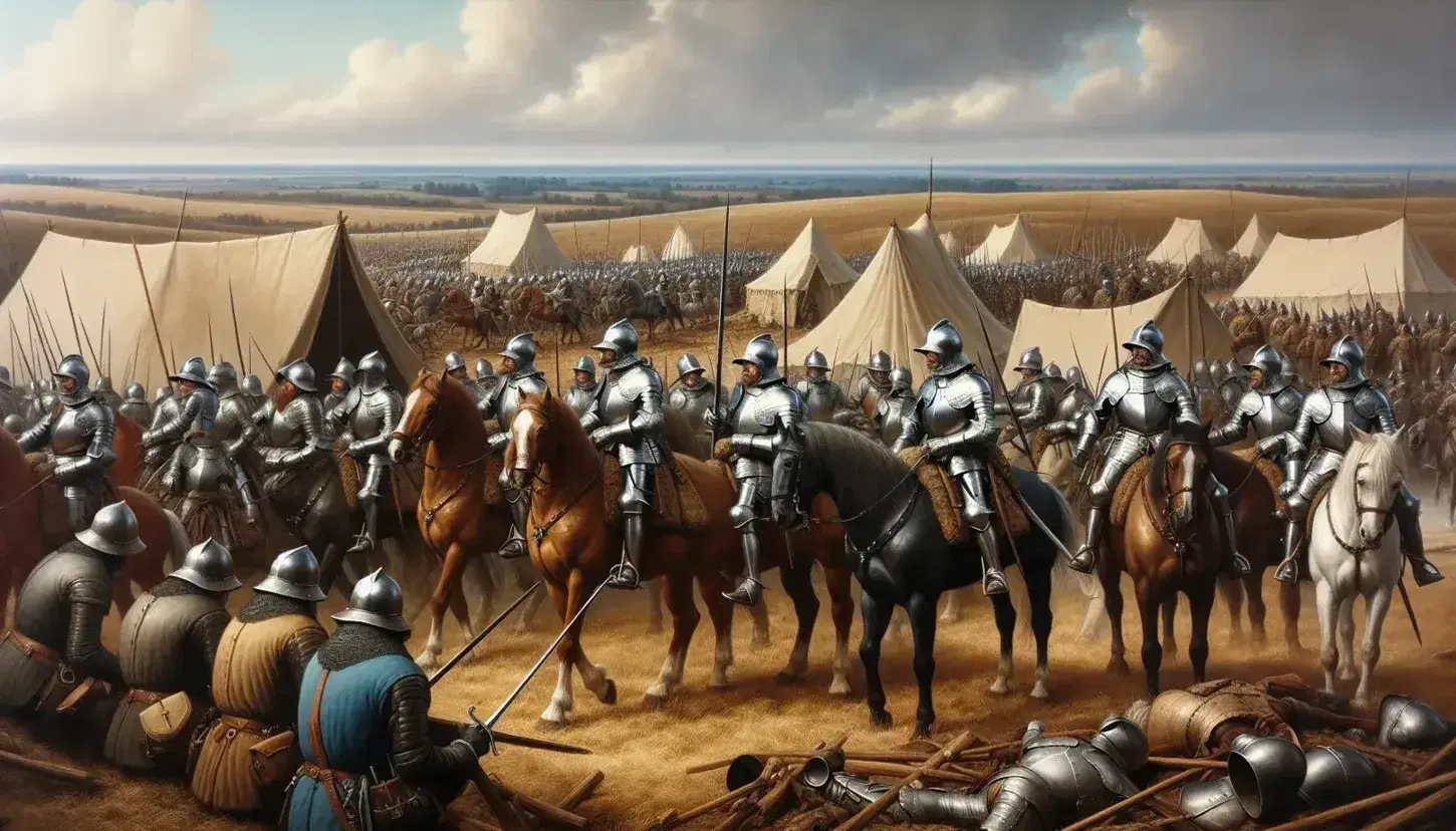Scena di battaglia della Guerra dei Trent'anni con soldati in armature e a cavallo, tende sullo sfondo e soccorso ai feriti.