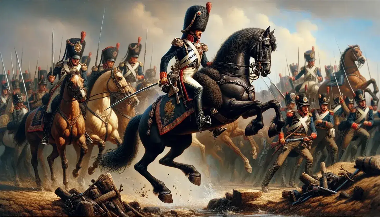Cavaliere in uniforme napoleonica su cavallo impennato, con spada sguainata, e soldati in battaglia sullo sfondo.