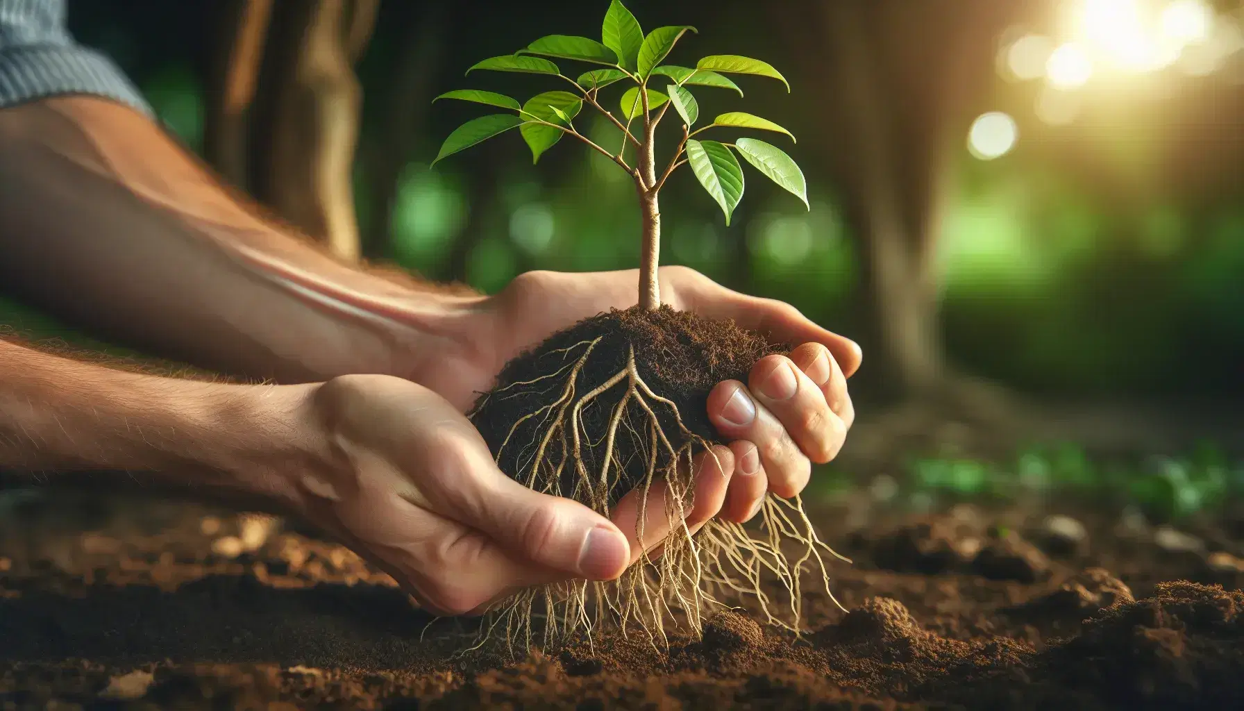 Mano sosteniendo árbol joven con raíces y tierra, simbolizando cuidado y crecimiento en un fondo desenfocado natural.