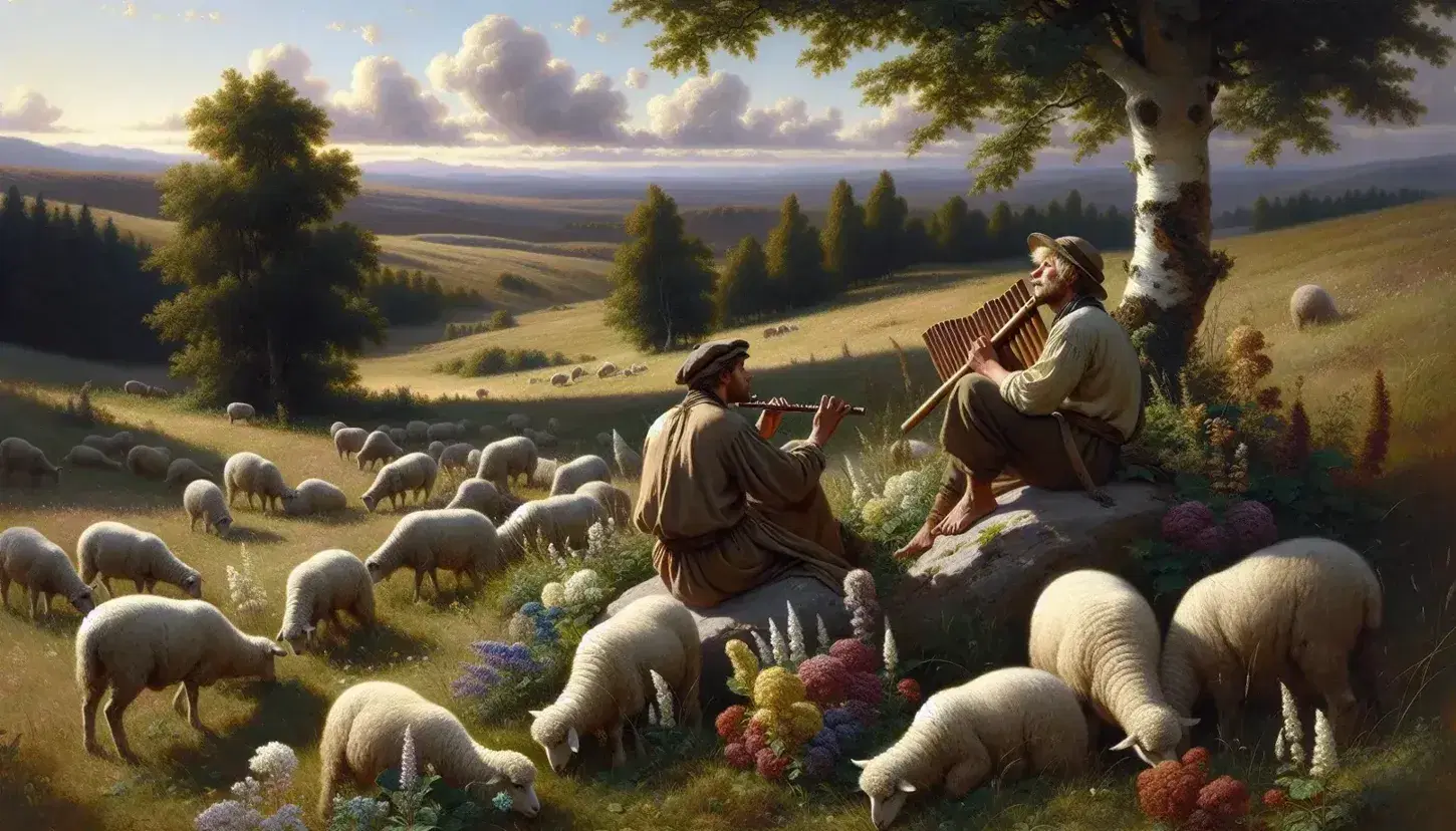 Due pastori in abiti semplici suonano il flauto di Pan e riposano tra pecore al pascolo, colline verdi e cielo azzurro in una scena campestre serena.