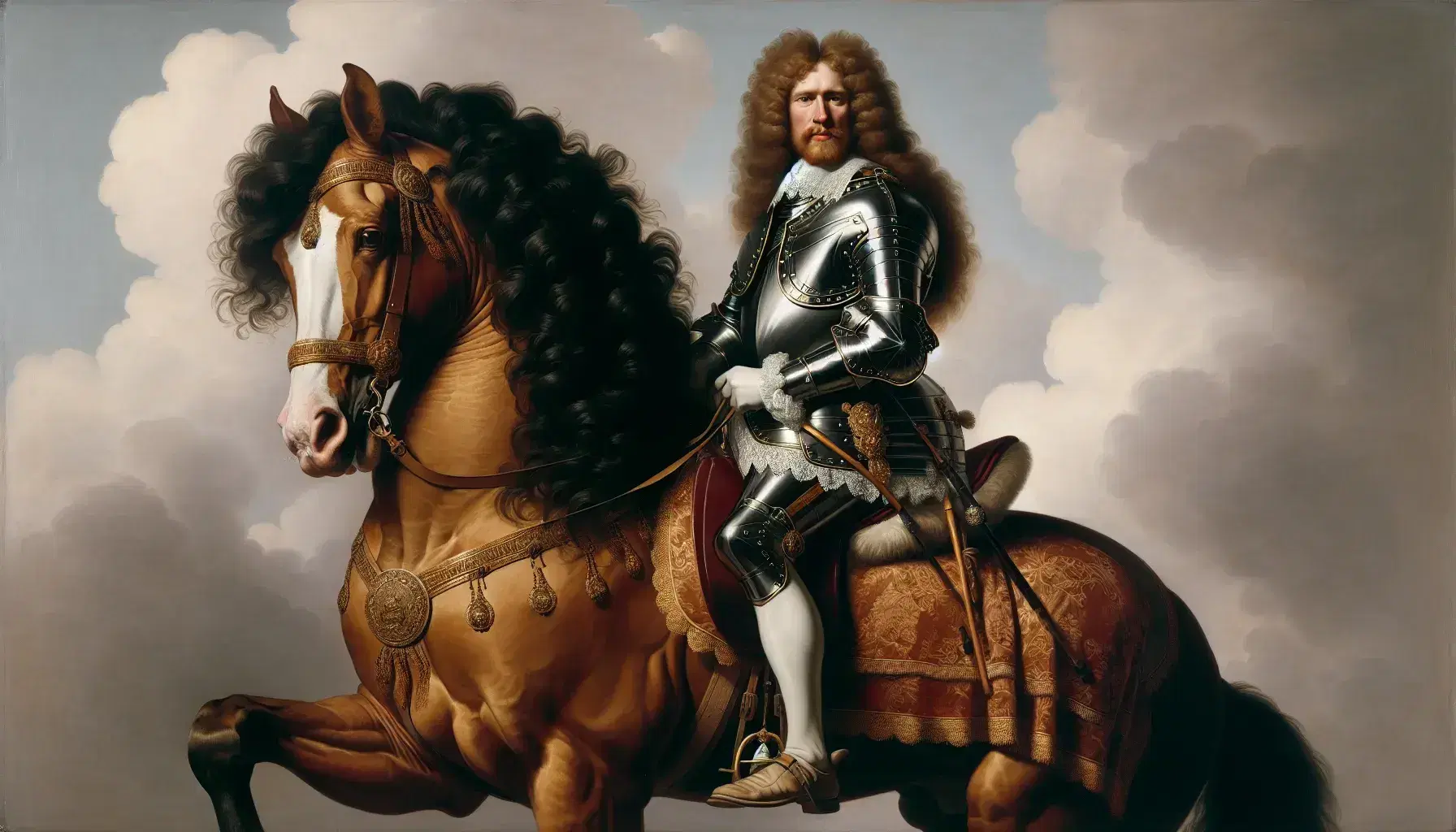 Ritratto di uomo del XVII secolo in armatura parziale su cavallo impennato, con parrucca riccia e dettagli dorati, sfondo sfumato.