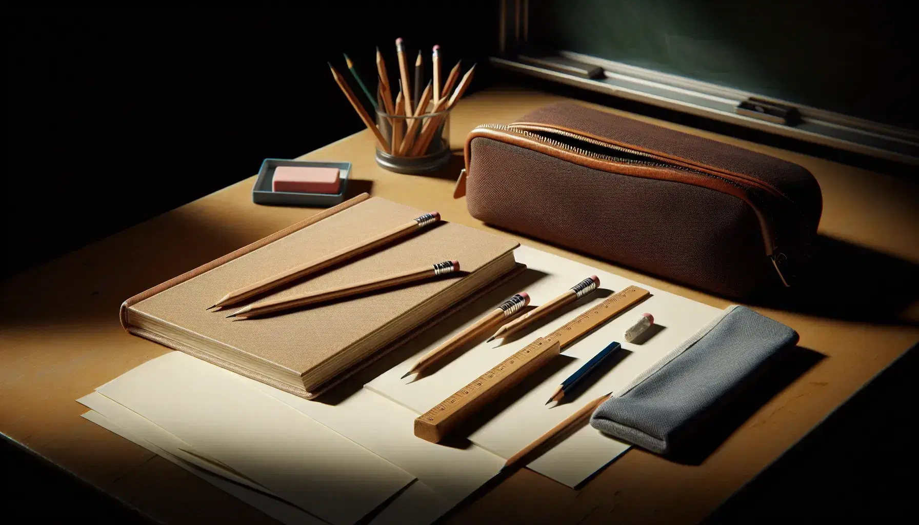 Escritorio escolar de madera con libro abierto, lápiz, hoja blanca y estuche con lápices de colores, sugerencia de pizarra al fondo.