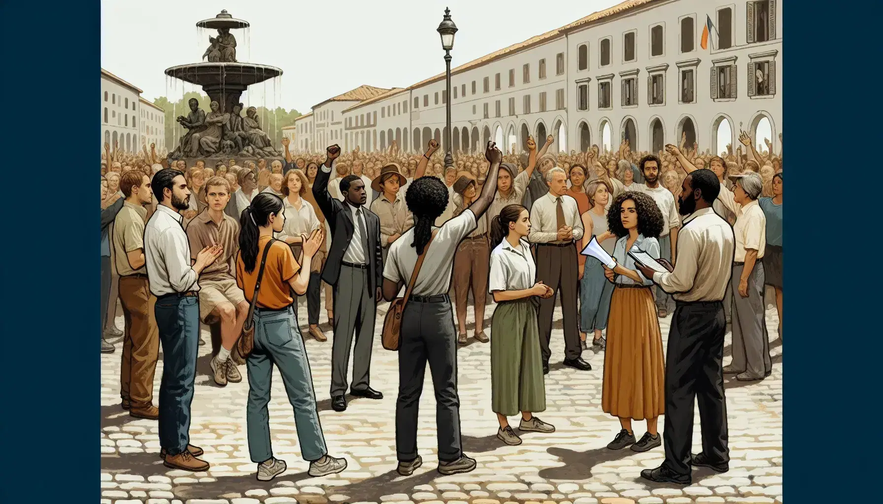 Multicultural group engaged in animated discussion in a public square with a stone fountain, featuring a woman with a megaphone and a man gesturing.