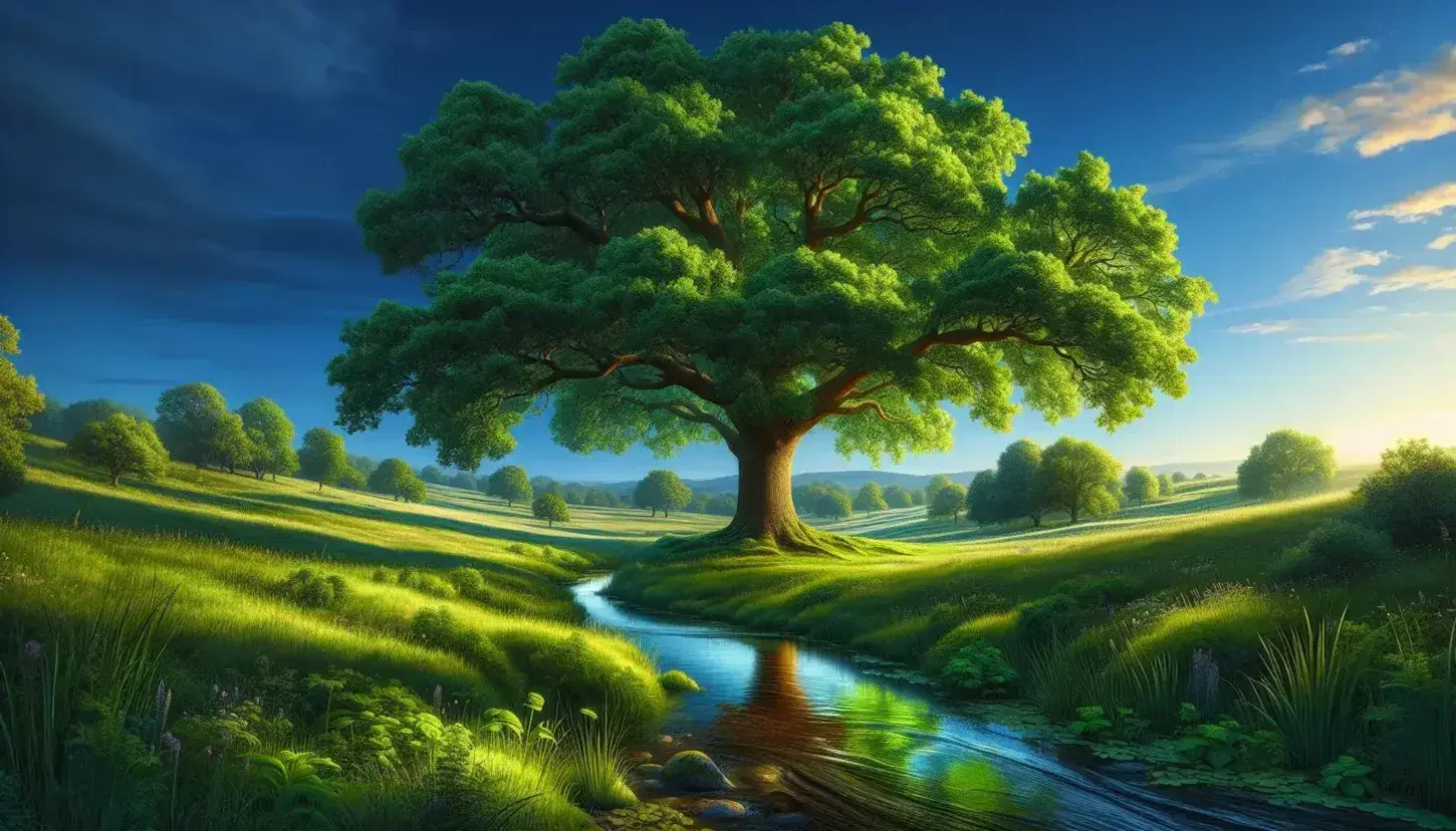 Serene landscape with a large oak tree, lush green grass, wildflowers, a gentle stream, rolling hills, and a clear blue sky with scattered clouds.