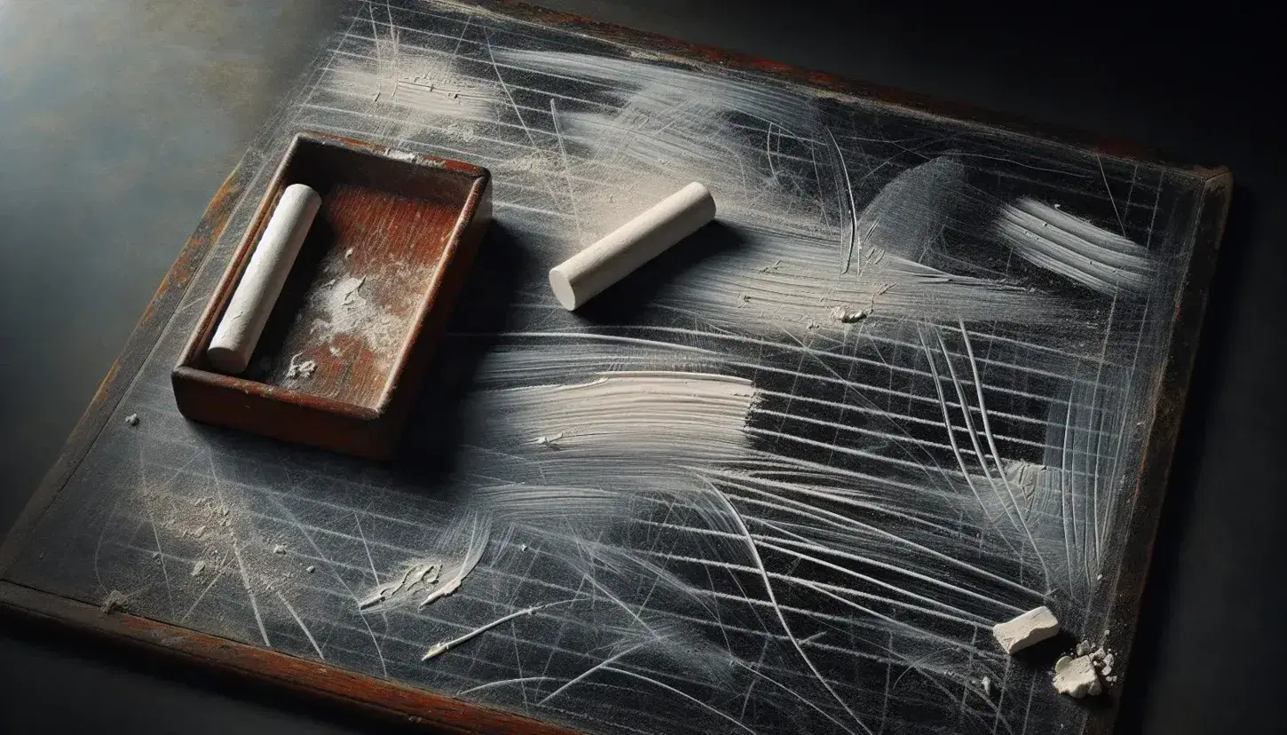 Close-up view of a chalkboard with white chalk smudges, a worn wooden chalk holder with stub, and a dusty traditional felt eraser.