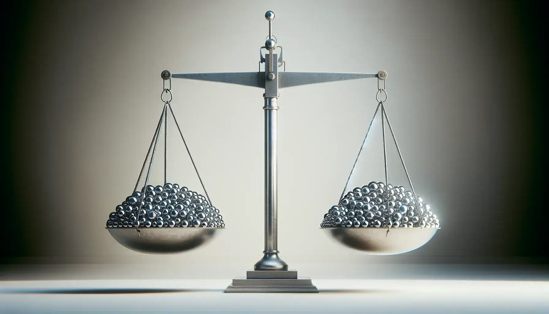 Balanced silver scale with multiple small spheres on one pan and a single large sphere on the other against a light background, symbolizing proportion.