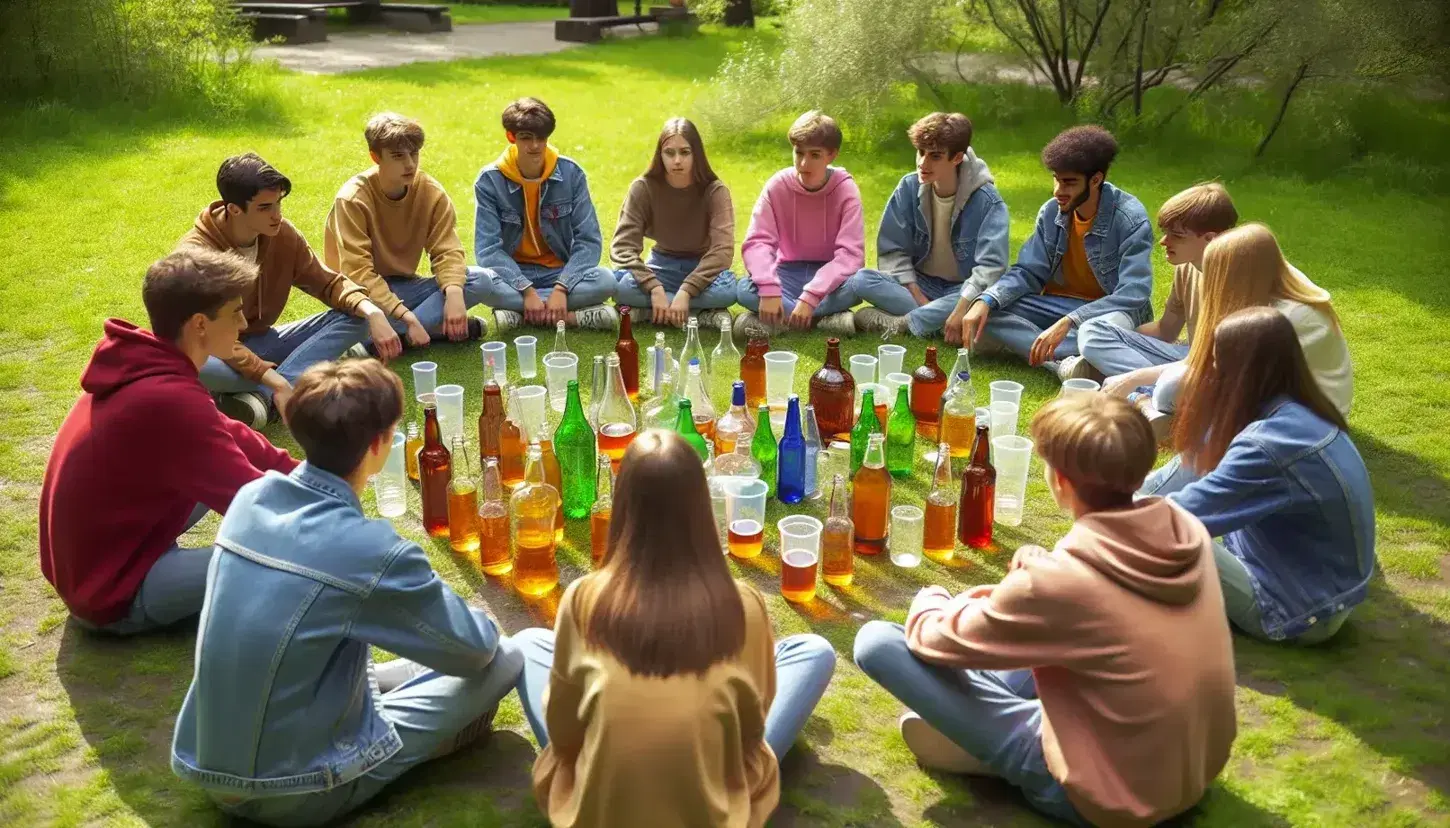 Grupo de jóvenes disfrutando de un picnic en el parque, sentados en círculo sobre la hierba con botellas de vidrio y vasos de plástico, compartiendo bebidas y conversaciones en un día soleado.