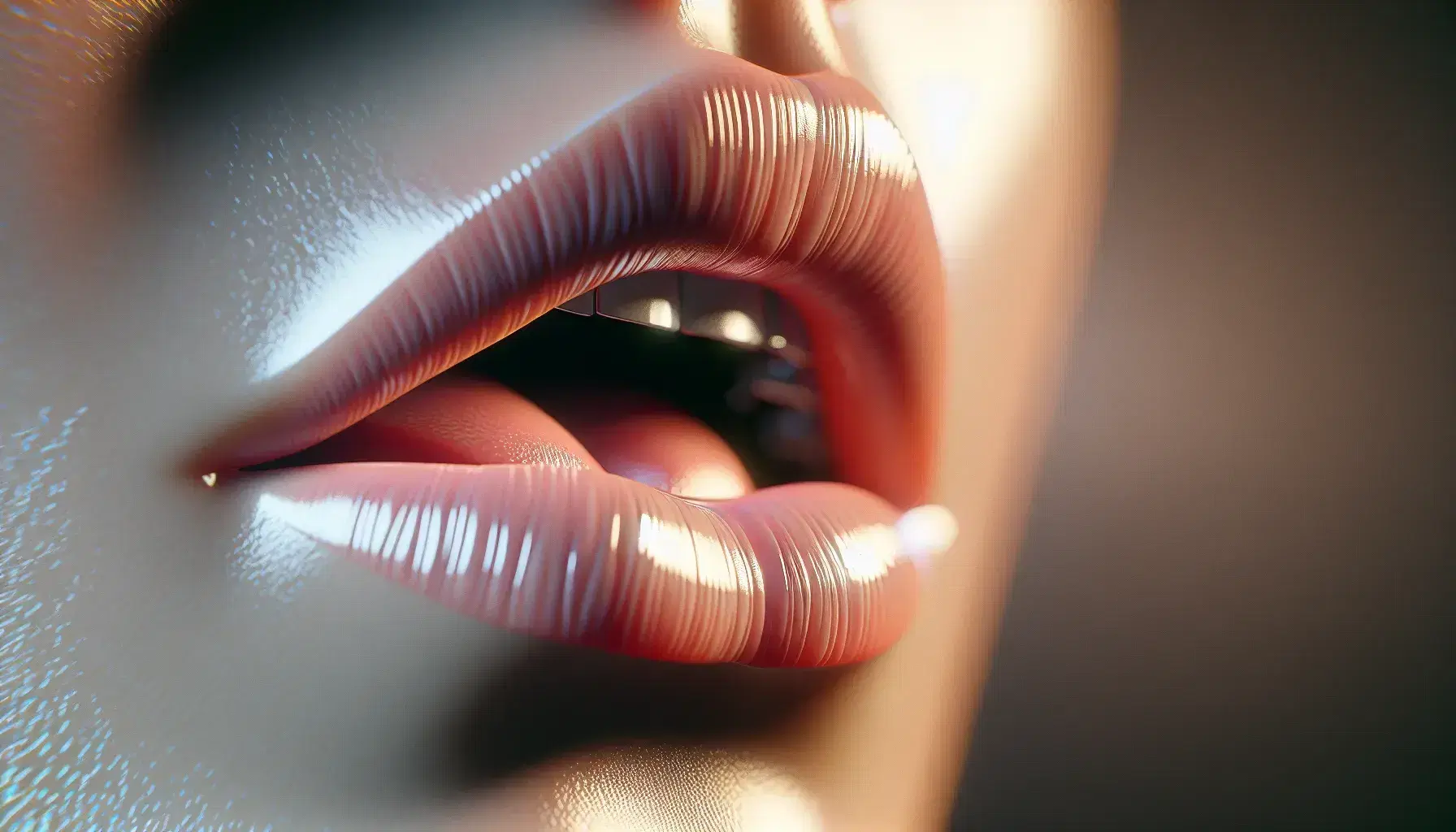 Close-up view of a human mouth slightly open with teeth visible, indicating speech articulation, set against a blurred background.