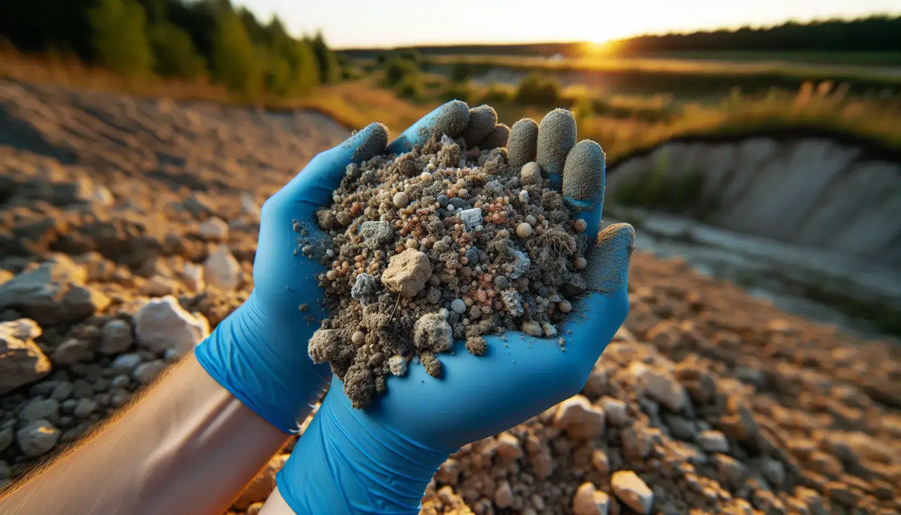 Manos con guantes azules sostienen muestra de suelo con granos de arena, partículas de arcilla y restos orgánicos, con paisaje natural desenfocado al fondo.