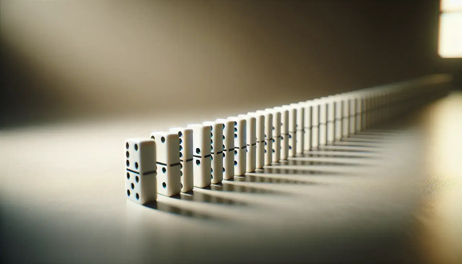 Close-up view of white dominoes in a line on a matte surface, with soft shadows and a blurred background, emphasizing the sequence.
