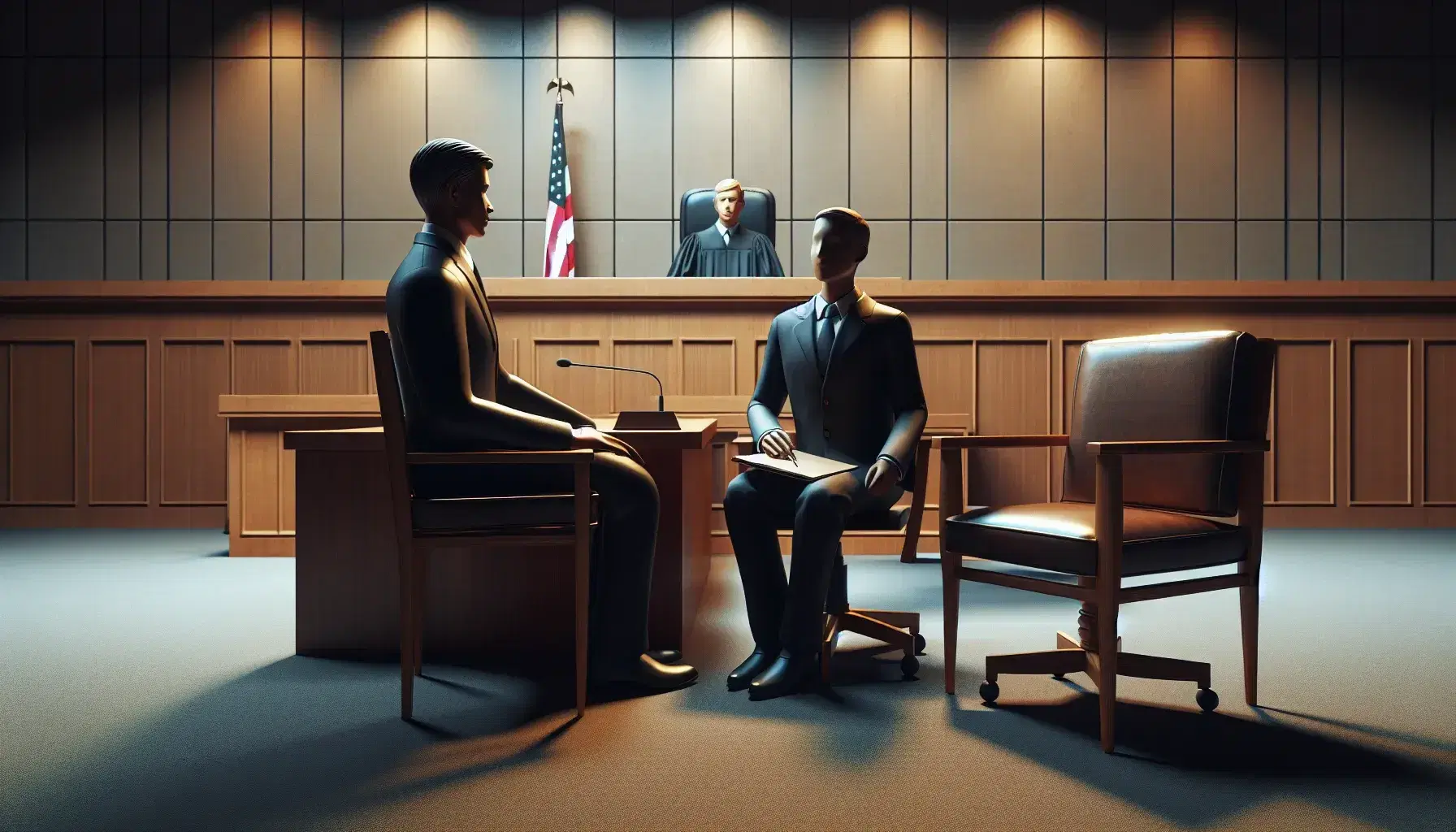 Contemporary courtroom with defendant in dark suit sitting at table, expert with clipboard in dialogue, judge's bench and blurred flags in background.