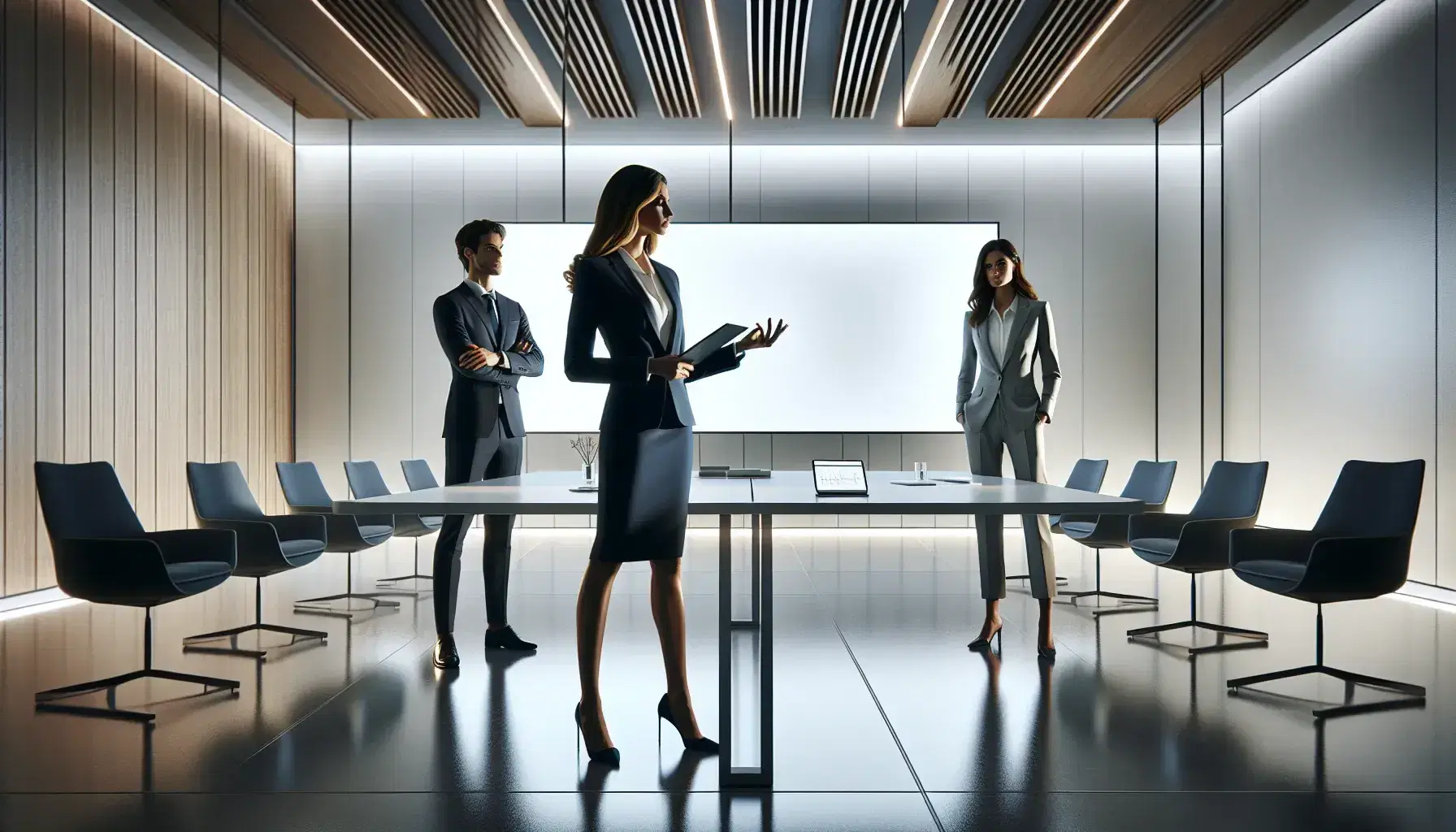 Tres profesionales en sala de reuniones moderna, mujer en traje azul presentando, hombre atento y otro individuo observando, mesa de vidrio con dispositivos electrónicos.