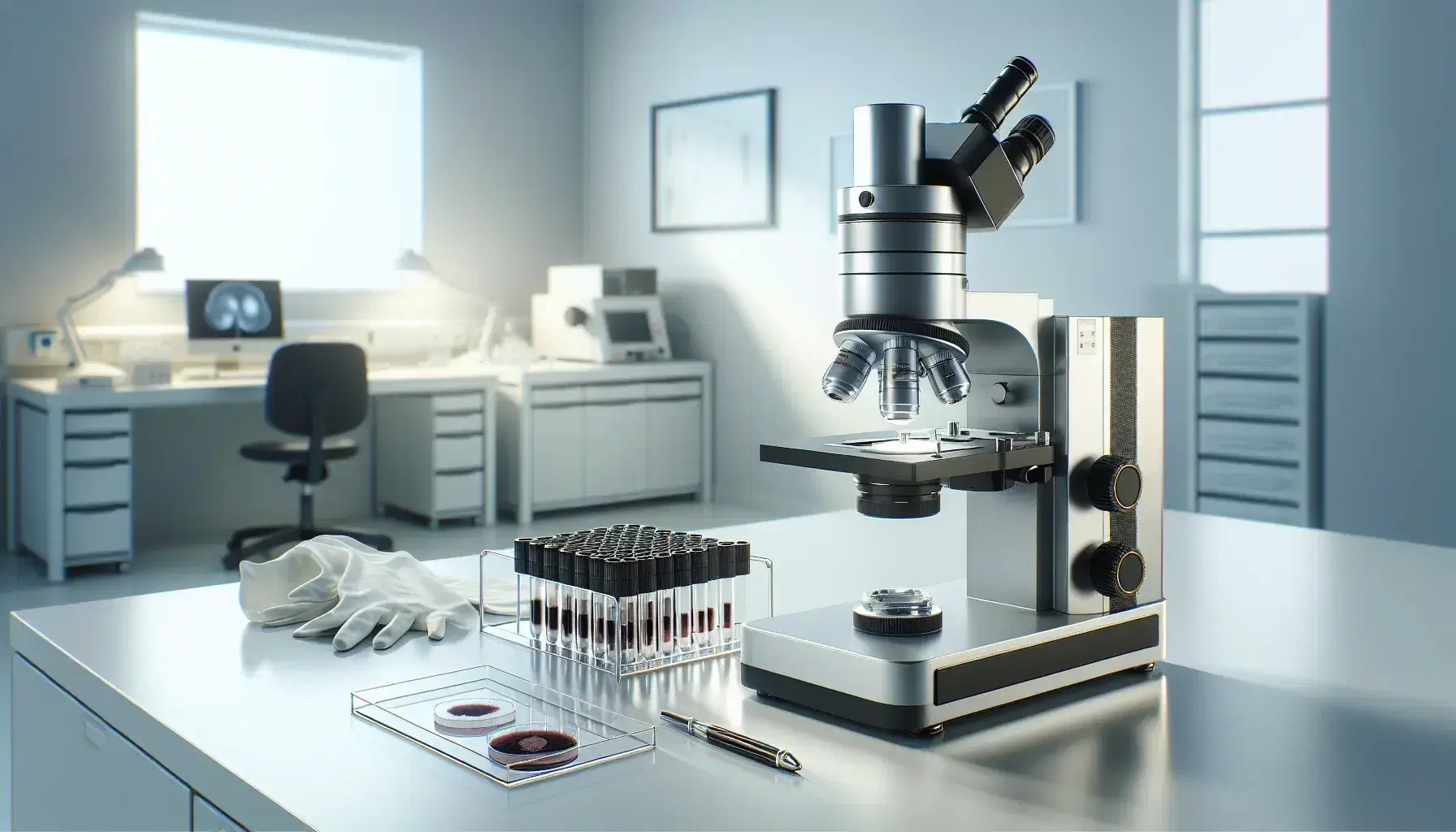 Microscopio electrónico de diseño moderno en laboratorio con portaobjetos y muestras de sangre, guantes de látex y ambiente sereno iluminado naturalmente.