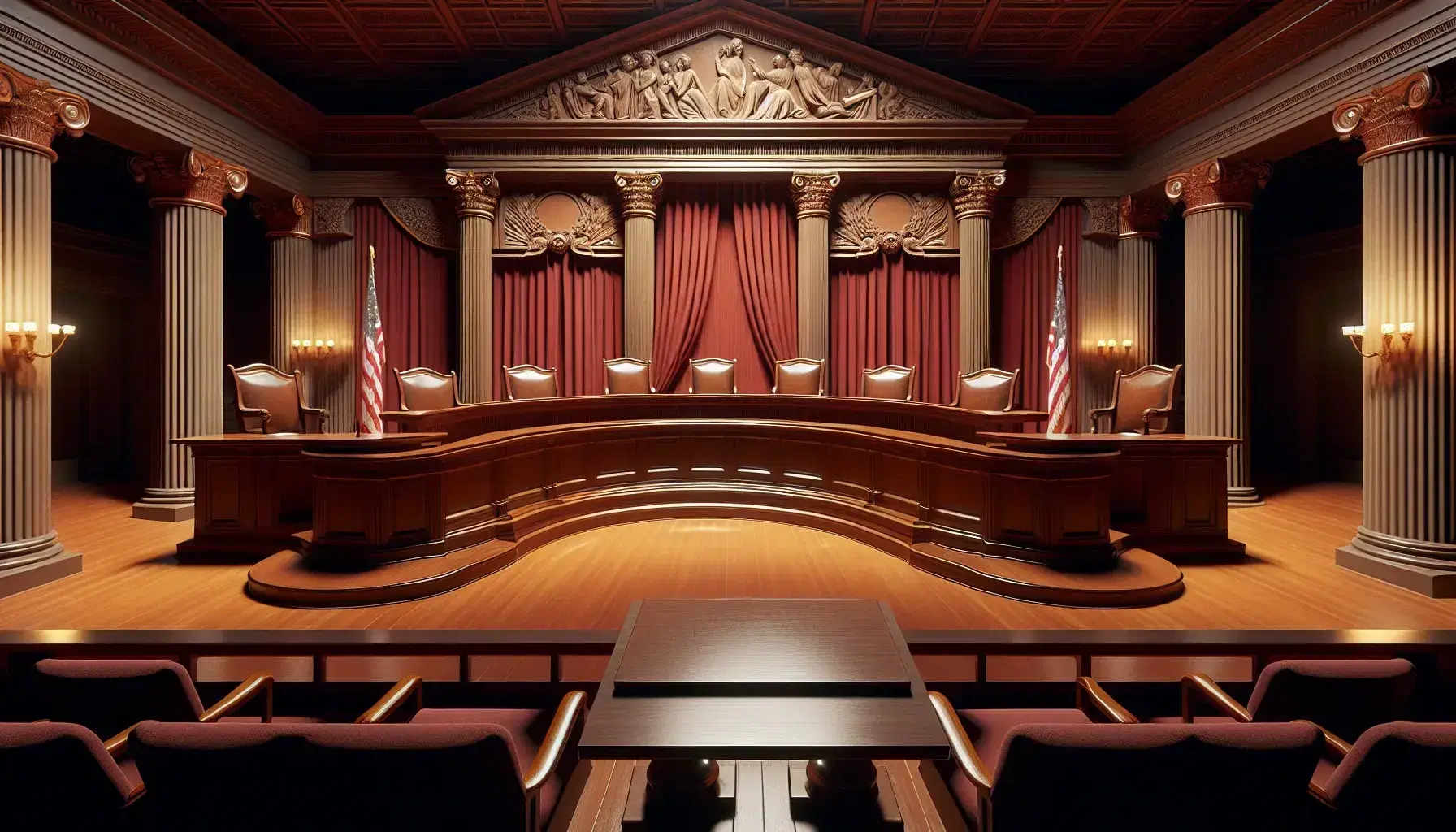 Traditional courtroom interior with an elevated judge's bench, red drapery backdrop, semicircular table arrangement, and two American flags.