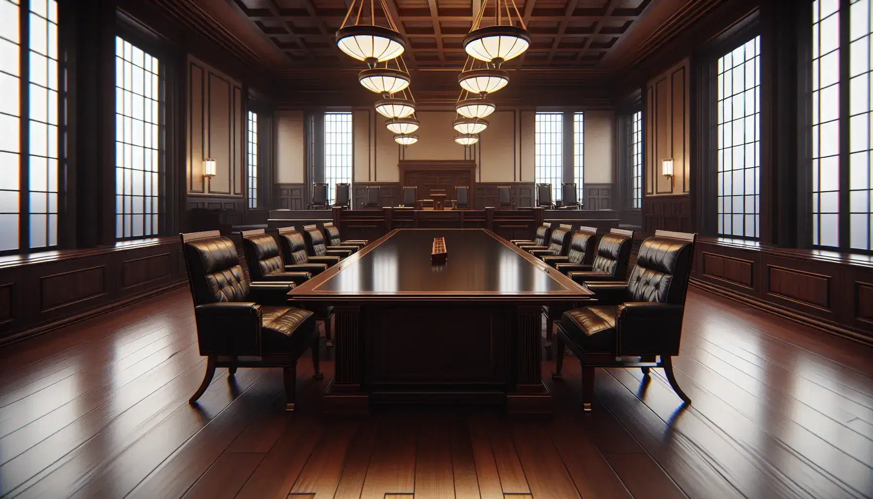Sala de tribunal vacía con mesa de madera oscura, sillas de cuero negro, podio y bancos de madera frente a ventanas altas y alfombra roja.