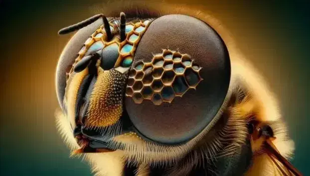 Close-up of a bee's head with multifaceted compound eyes and curved antennae, surrounded by golden hairs on a blurred background.