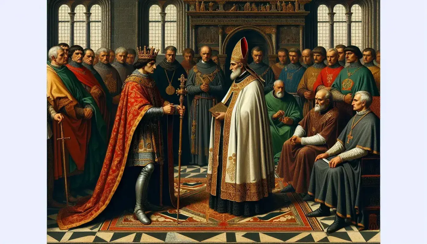 Incontro medievale tra sovrano in tunica rossa con scettro e figura religiosa in abito bianco e mitra, circondati da consiglieri in una sala palaziale.