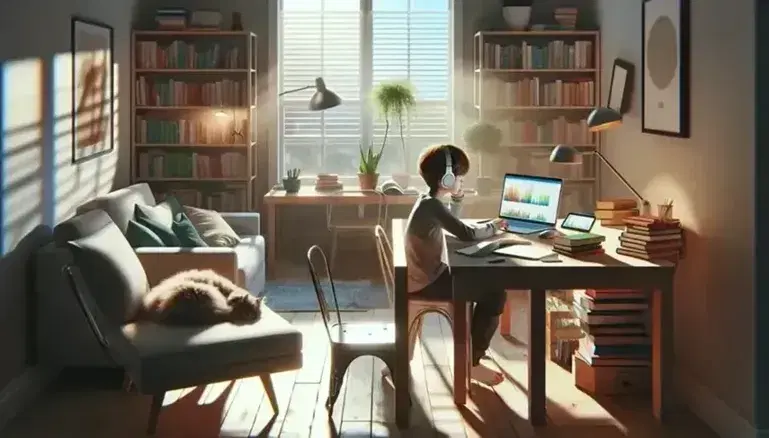 Bambino concentrato al computer con cuffie in stanza luminosa con piante, donna al lavoro su laptop e libreria sullo sfondo.