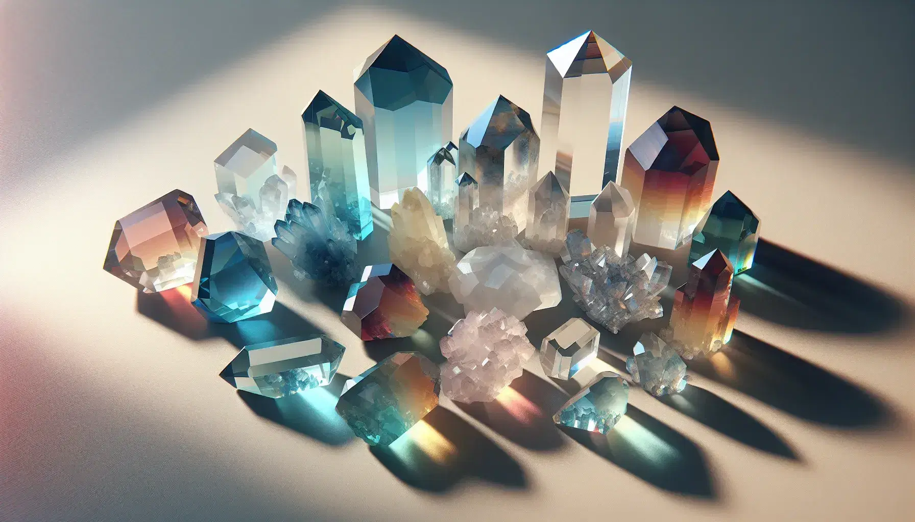 Colección variada de cristales minerales con formas geométricas y colores diversos como azul, verde, rojo y amarillo, reflejando la luz sobre superficie lisa.