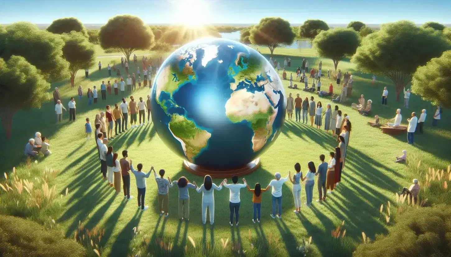 Grupo diverso de personas unidas alrededor de un globo terráqueo en un campo verde, simbolizando cuidado y unidad global bajo un cielo despejado.