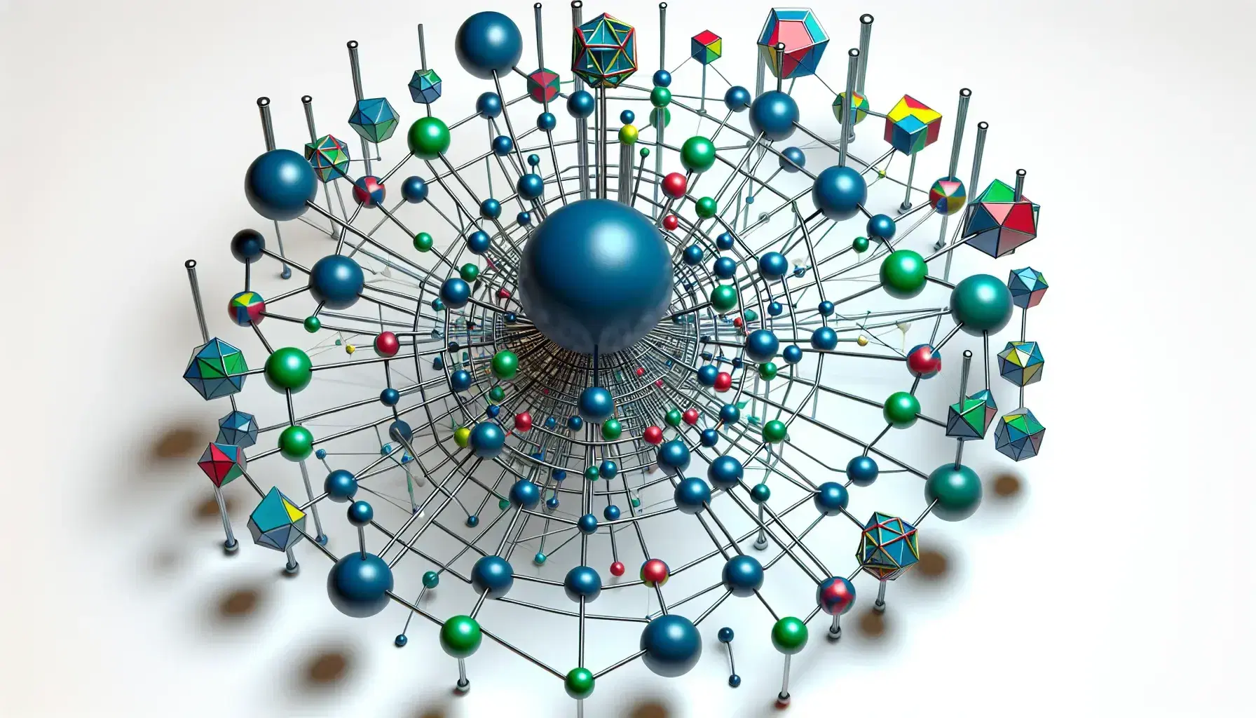 3D hypergraph visualization with a central blue sphere connected by silver rods to green spheres, red cubes, and yellow pyramids against a white background.