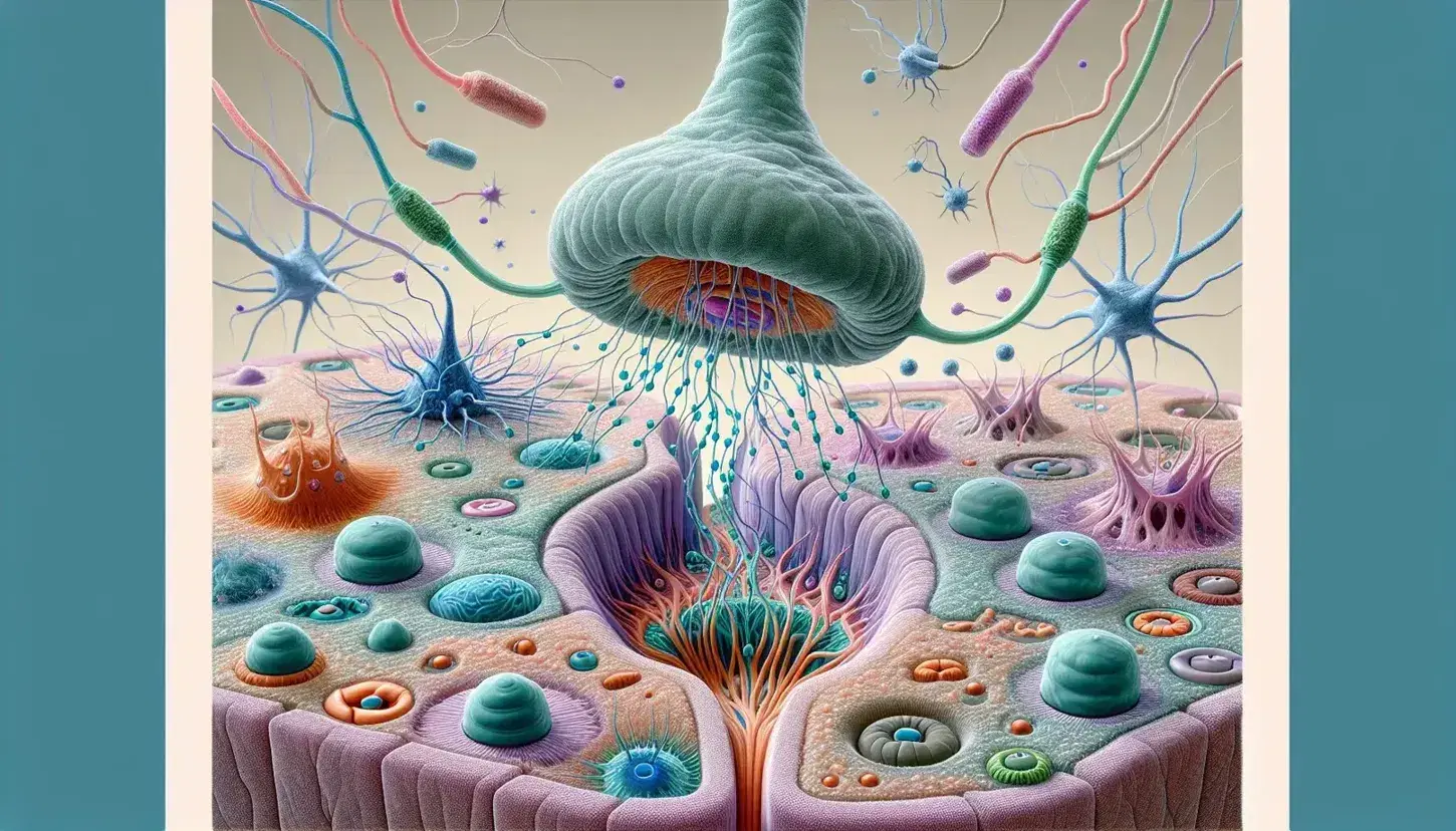 Sinapsi neuronale dettagliata con trasmissione di neurotrasmettitori blu-verdi e recettori dendritici rosa-viola, e ormoni da ghiandola endocrina.
