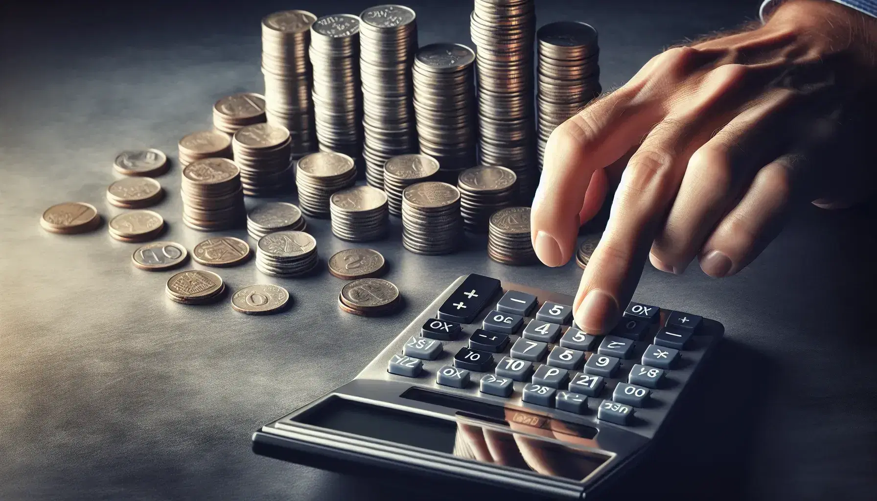 Close-up view of a hand operating a calculator with neatly stacked coins of various denominations in the background, symbolizing financial calculations.