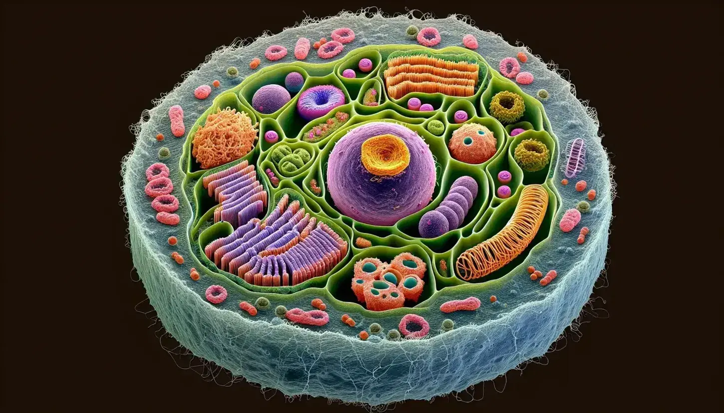 Vista microscópica de célula eucariota destacando orgánulos: núcleo púrpura, membrana azul, citoplasma verde con ribosomas rojos, aparato de Golgi amarillo y mitocondrias rosas.