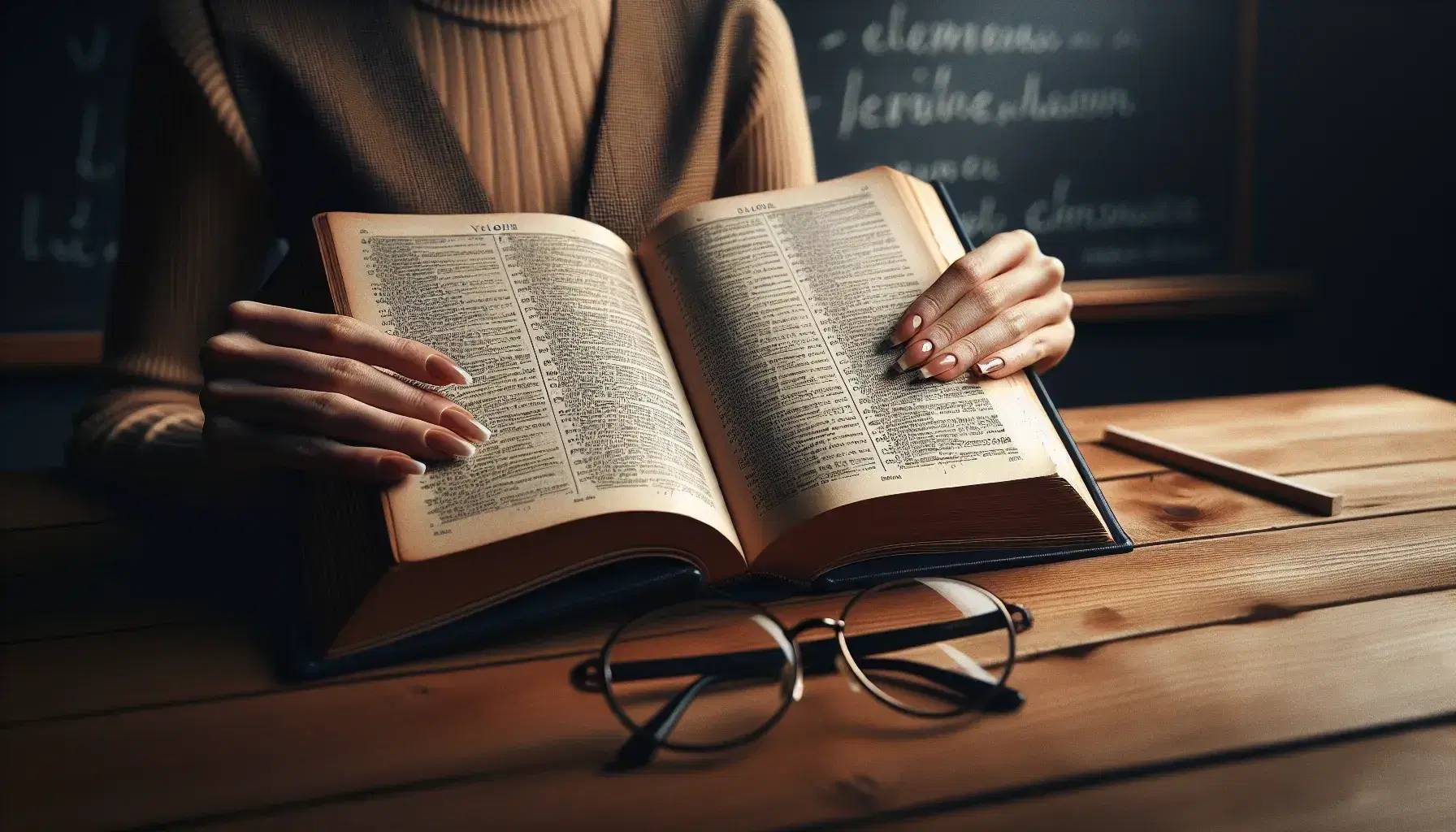 Close-up view of hands holding an open French dictionary on a wooden desk beside round eyeglasses, with a clean blackboard in the background.