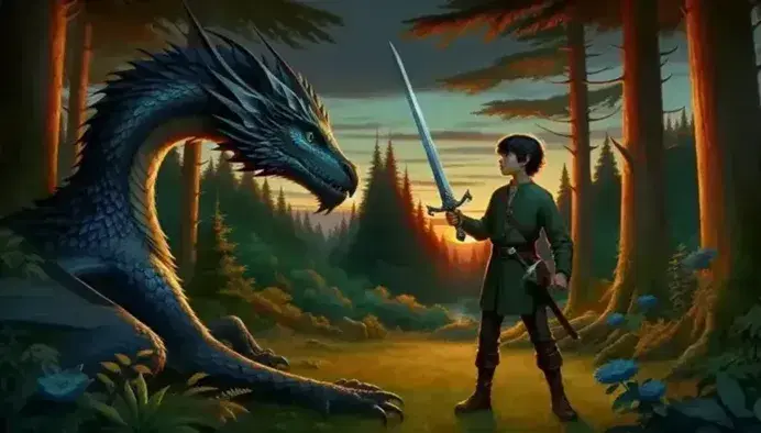 Ragazzo con spada e drago blu in posa protettiva in una radura al tramonto, riflessi di luce su scaglie e lama.