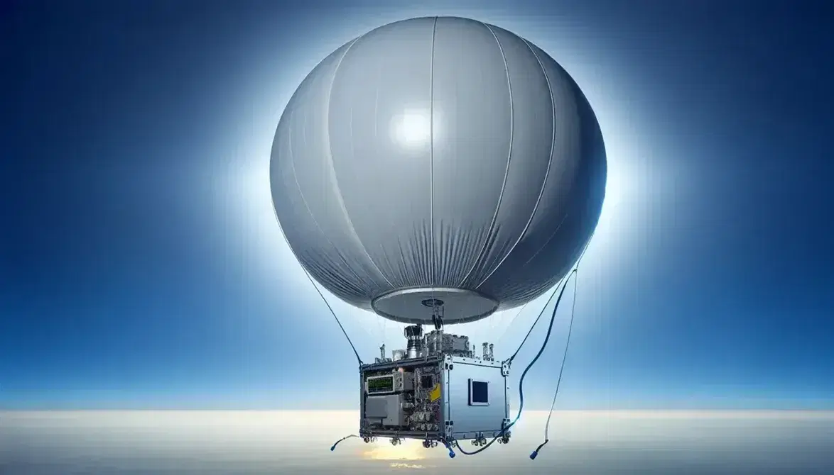 Pallone meteorologico bianco in ascensione nel cielo azzurro senza nuvole con strumentazione scientifica grigia attaccata tramite cavi.
